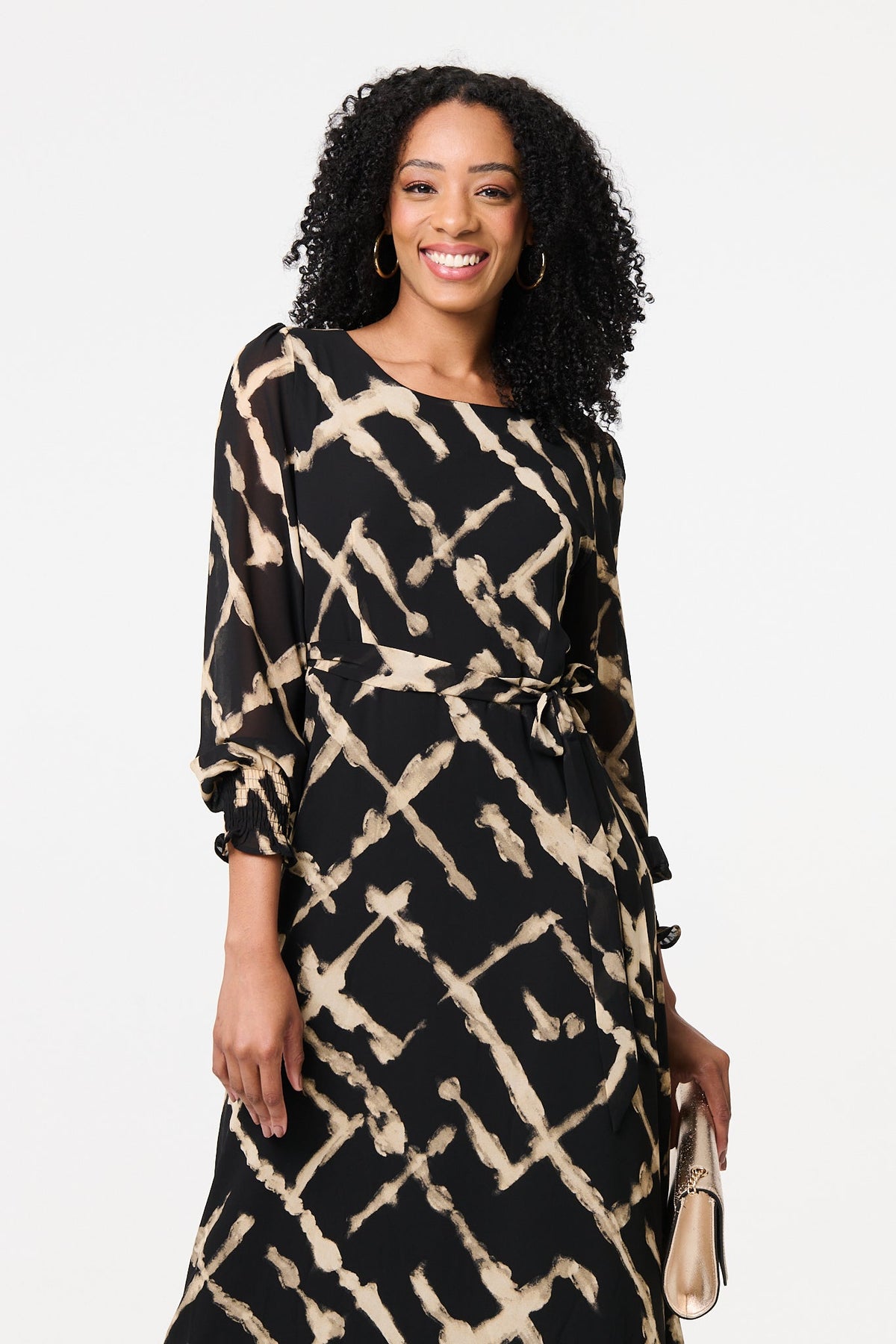 Printed Long Sleeve Tie Waist Maxi Dress Back View