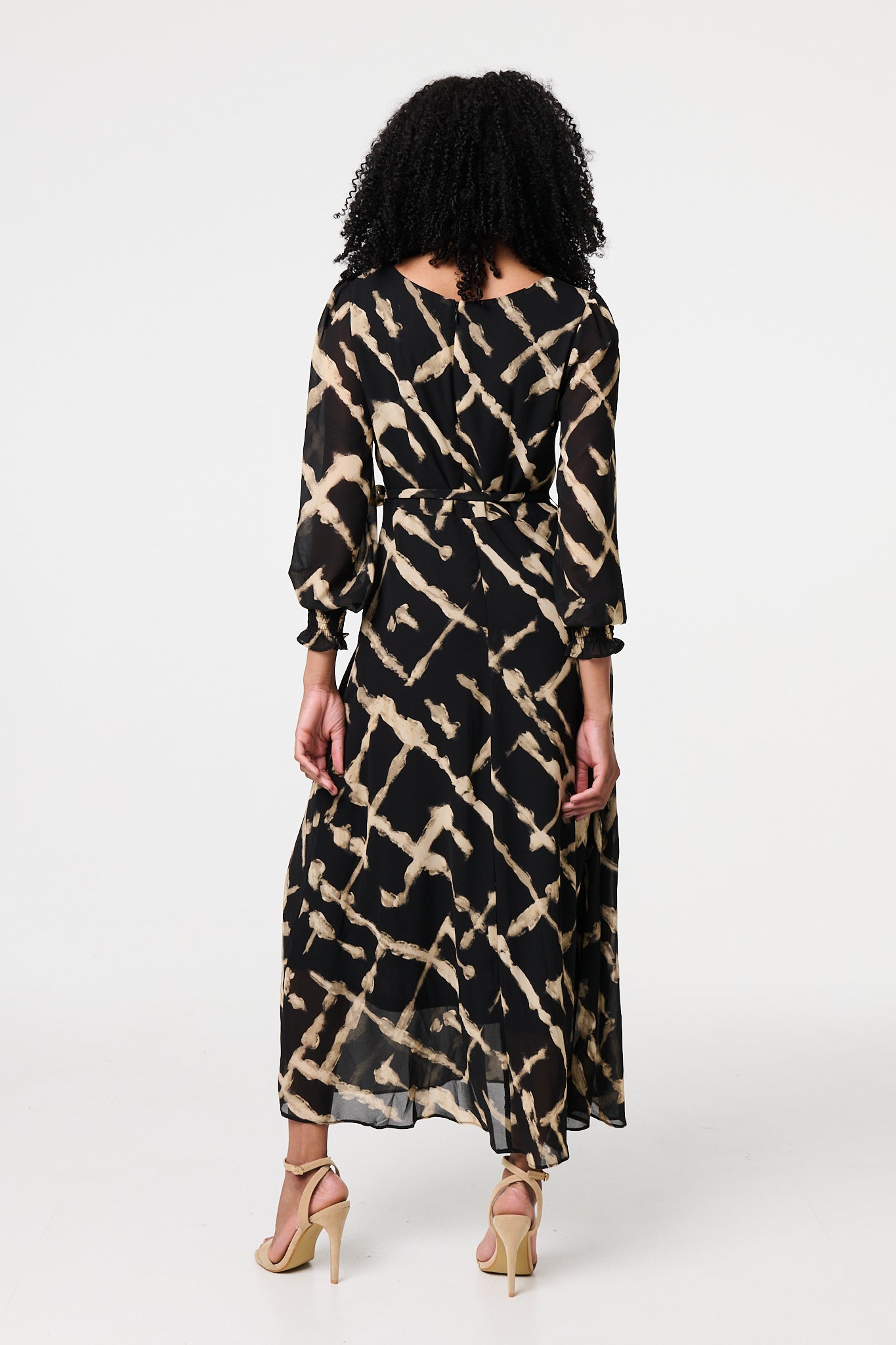 Printed Long Sleeve Tie Waist Maxi Dress Side View