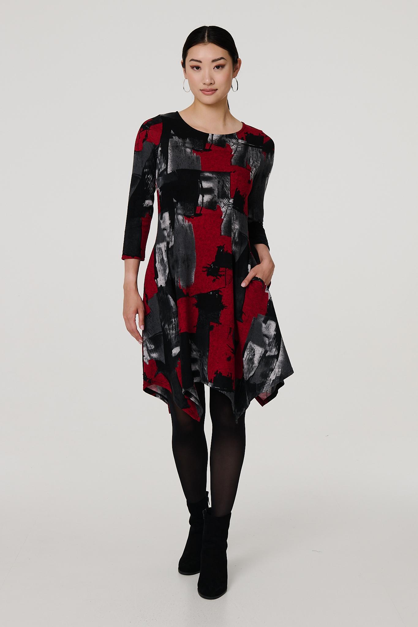 Abstract 3/4 Sleeve Hanky Hem Dress Styled View