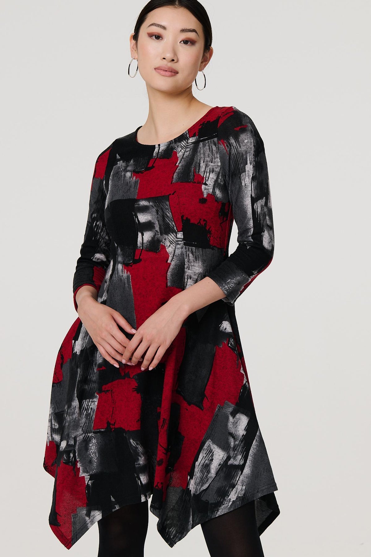 Abstract 3/4 Sleeve Hanky Hem Dress Full Length View