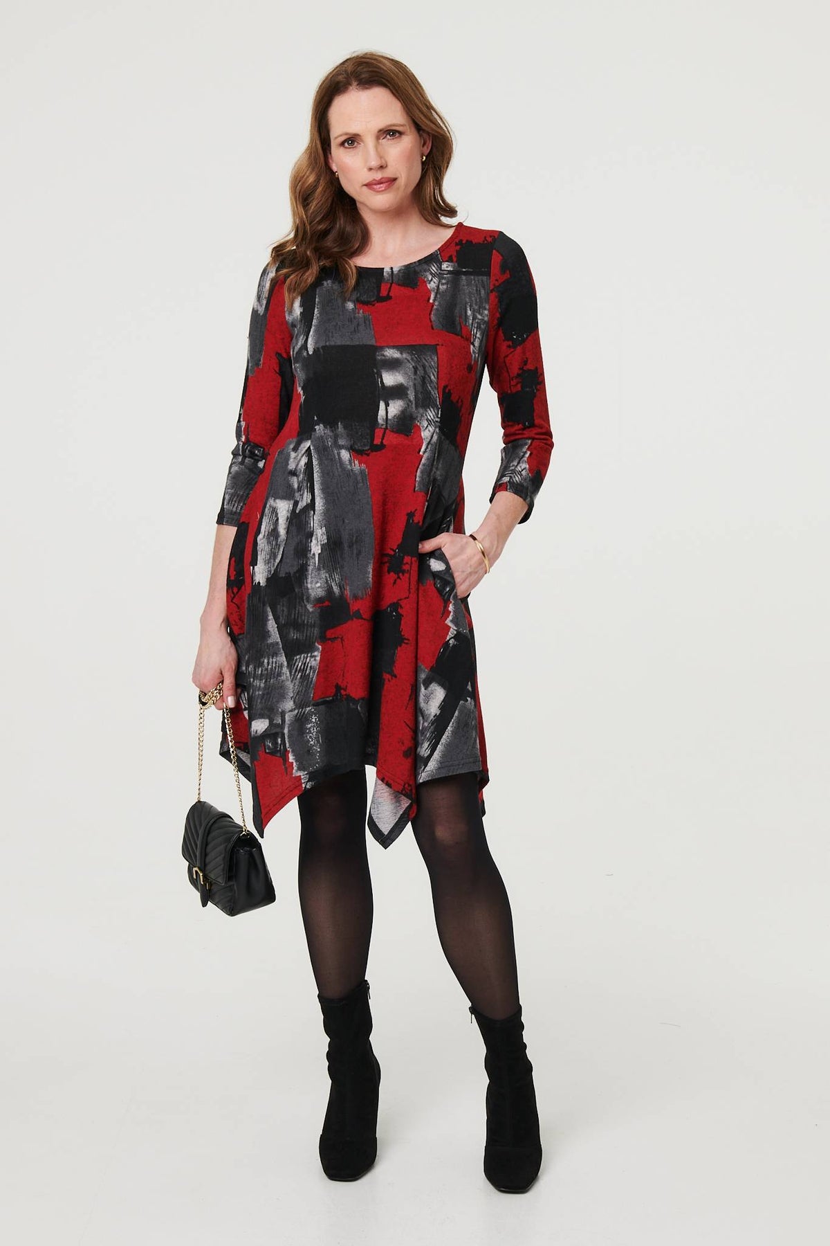Abstract 3/4 Sleeve Hanky Hem Dress Front View 2
