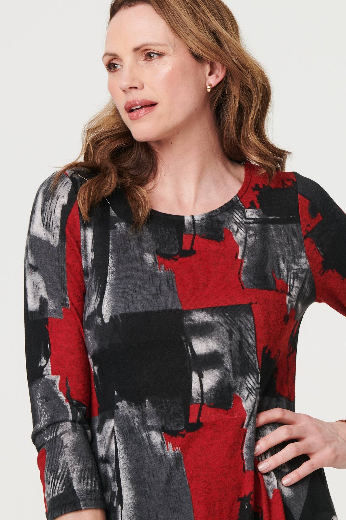 Abstract 3/4 Sleeve Hanky Hem Dress Side View