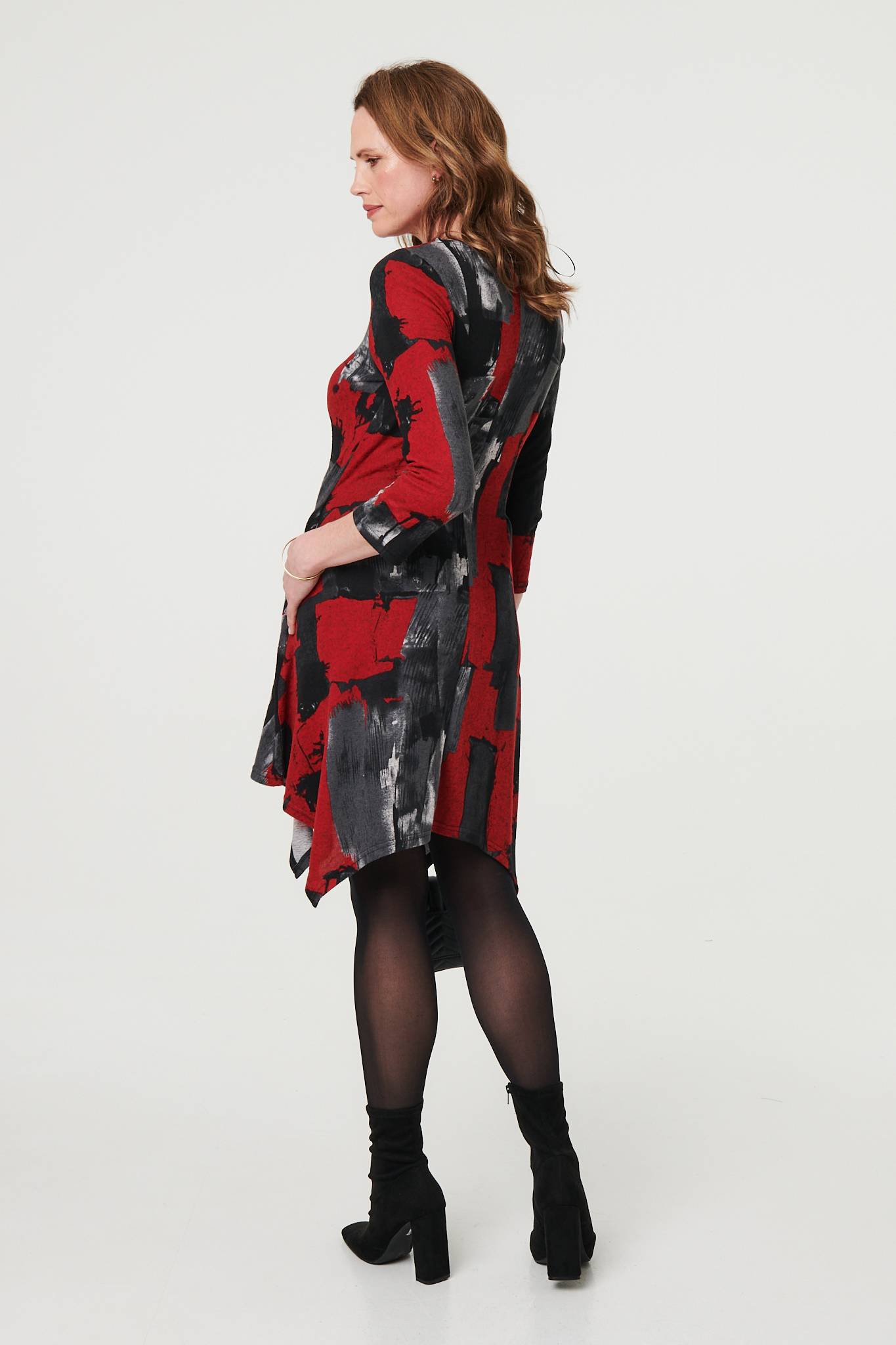 Abstract 3/4 Sleeve Hanky Hem Dress Back View
