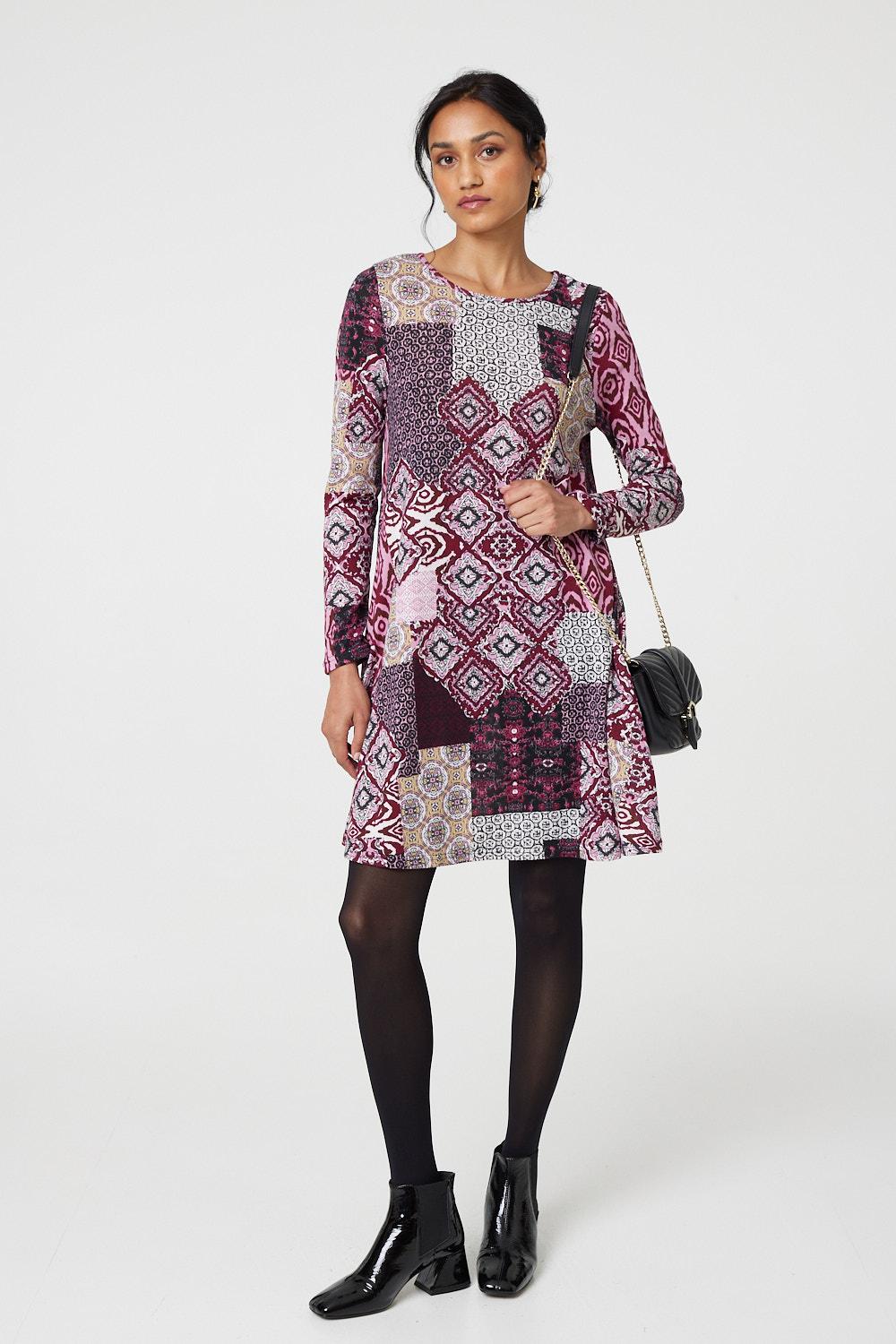 Patchwork Long Sleeve Short Swing Dress Full Length View