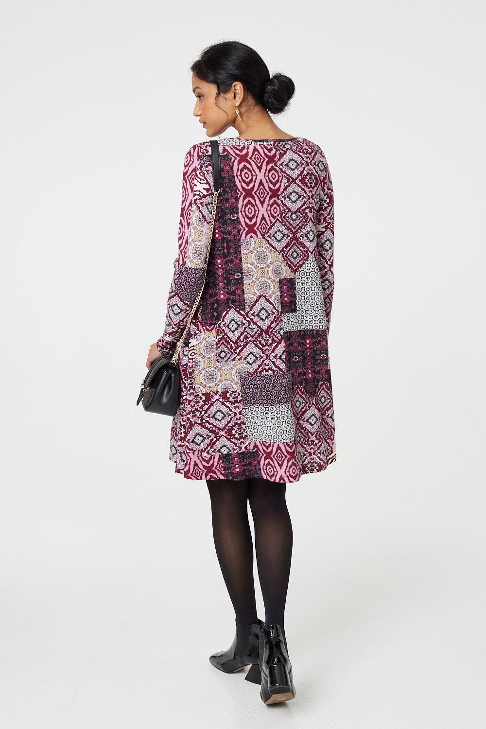 Patchwork Long Sleeve Short Swing Dress Back View