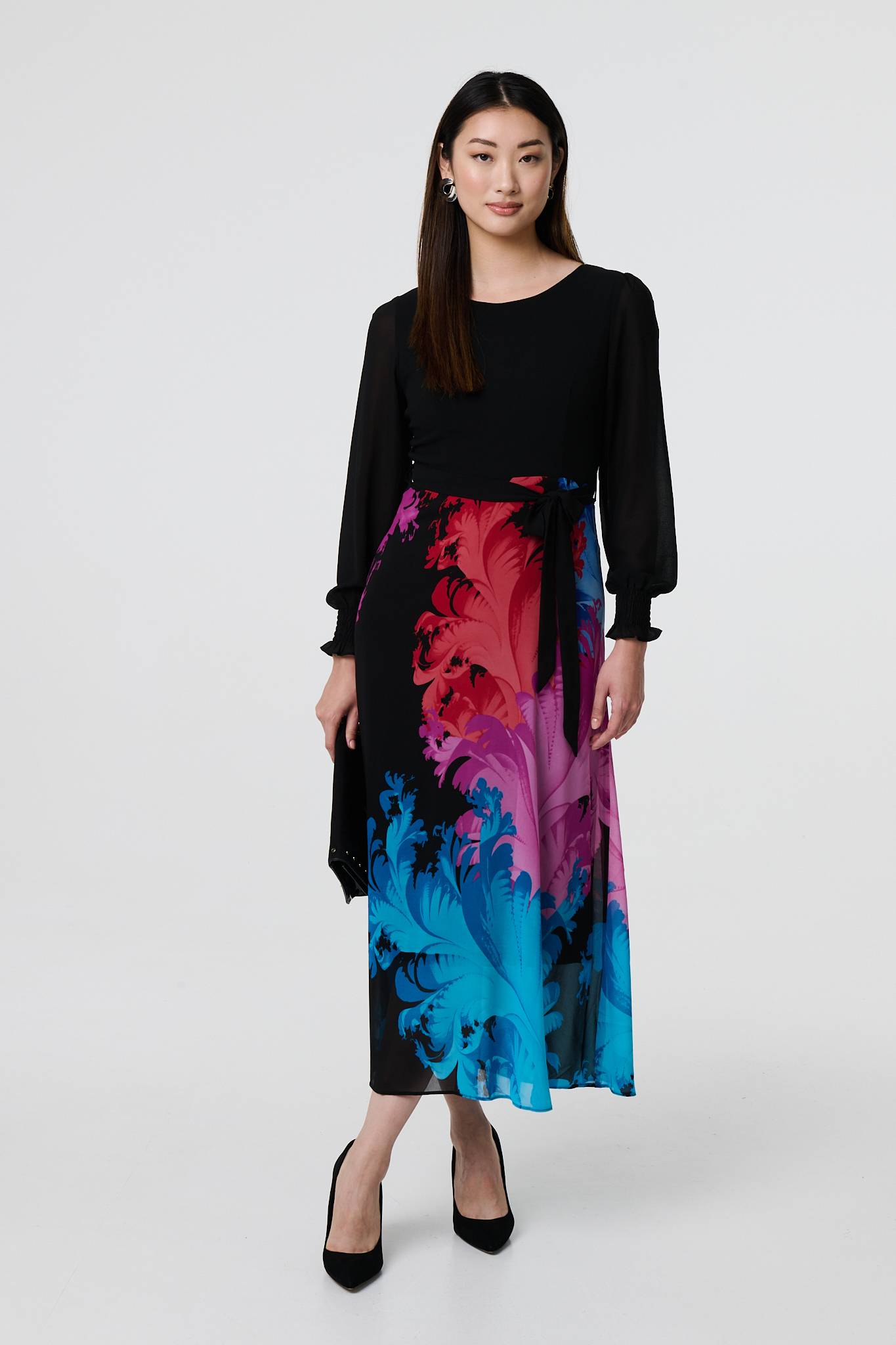 Floral Contrast Print Tie Waist Midi Dress Side View