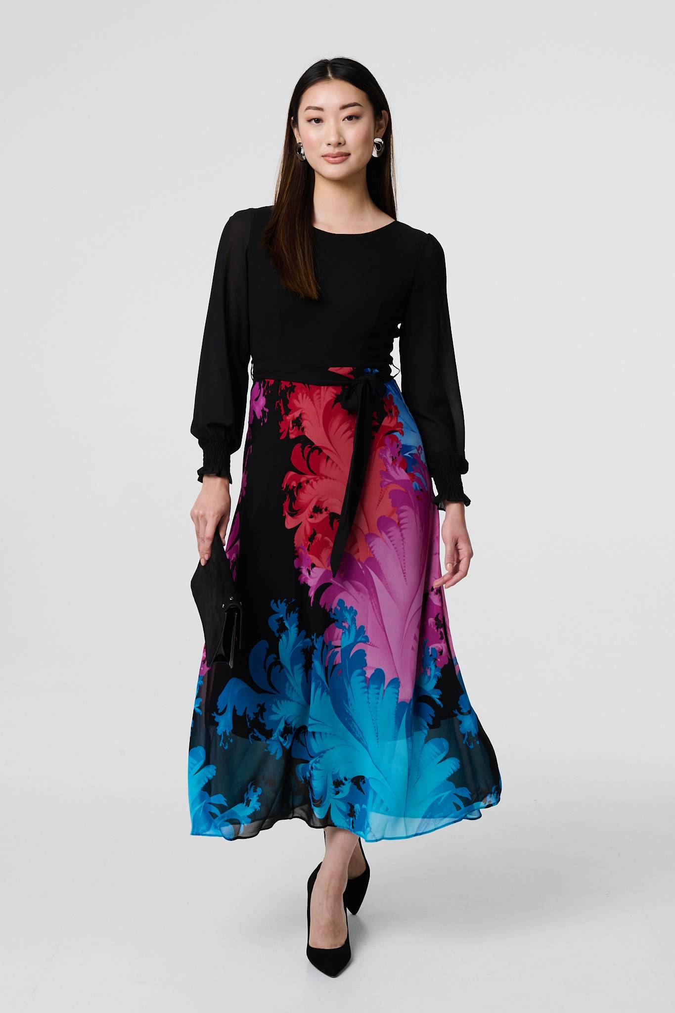 Floral Contrast Print Tie Waist Midi Dress Front View
