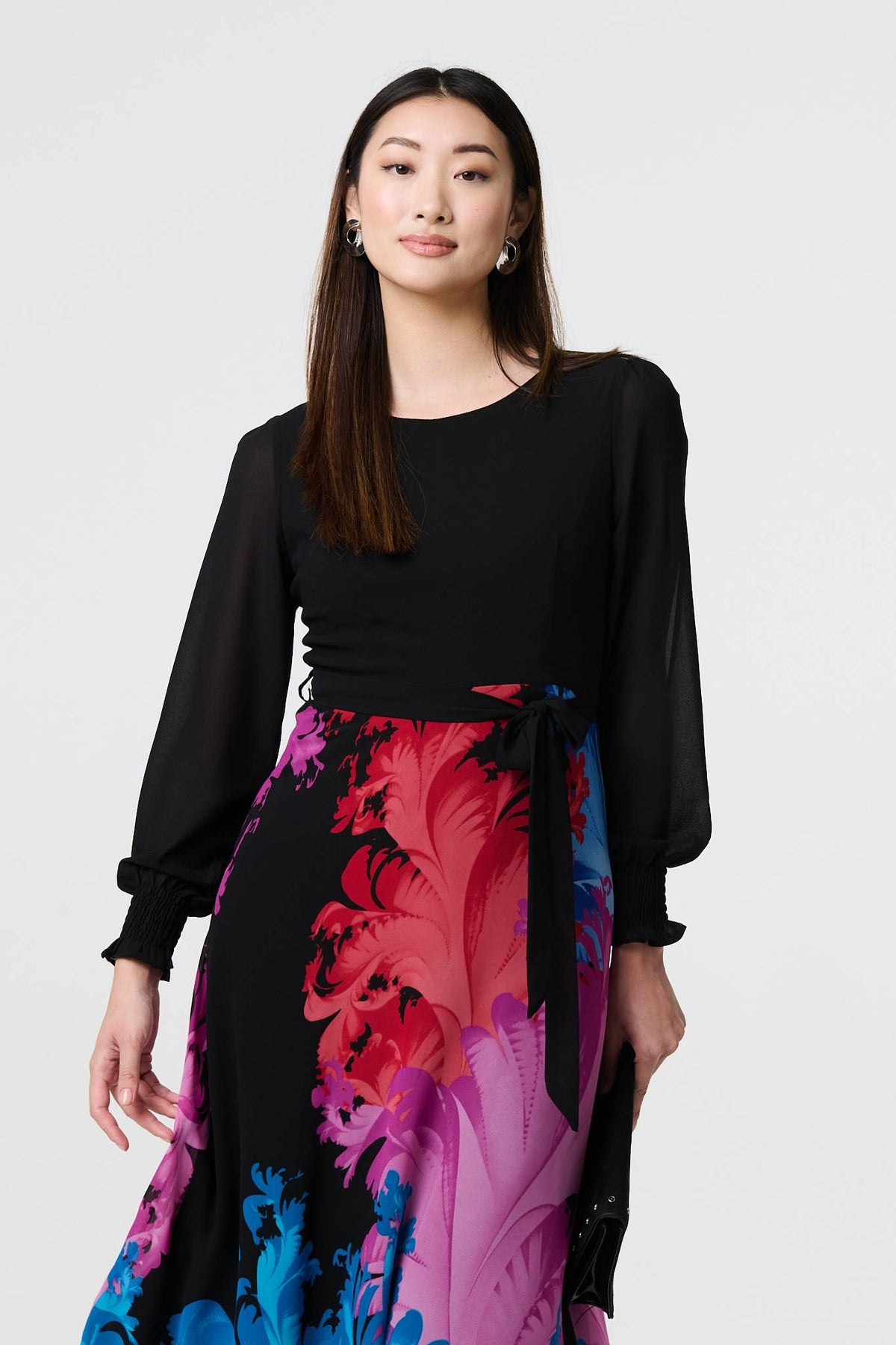 Floral Contrast Print Tie Waist Midi Dress Styled View