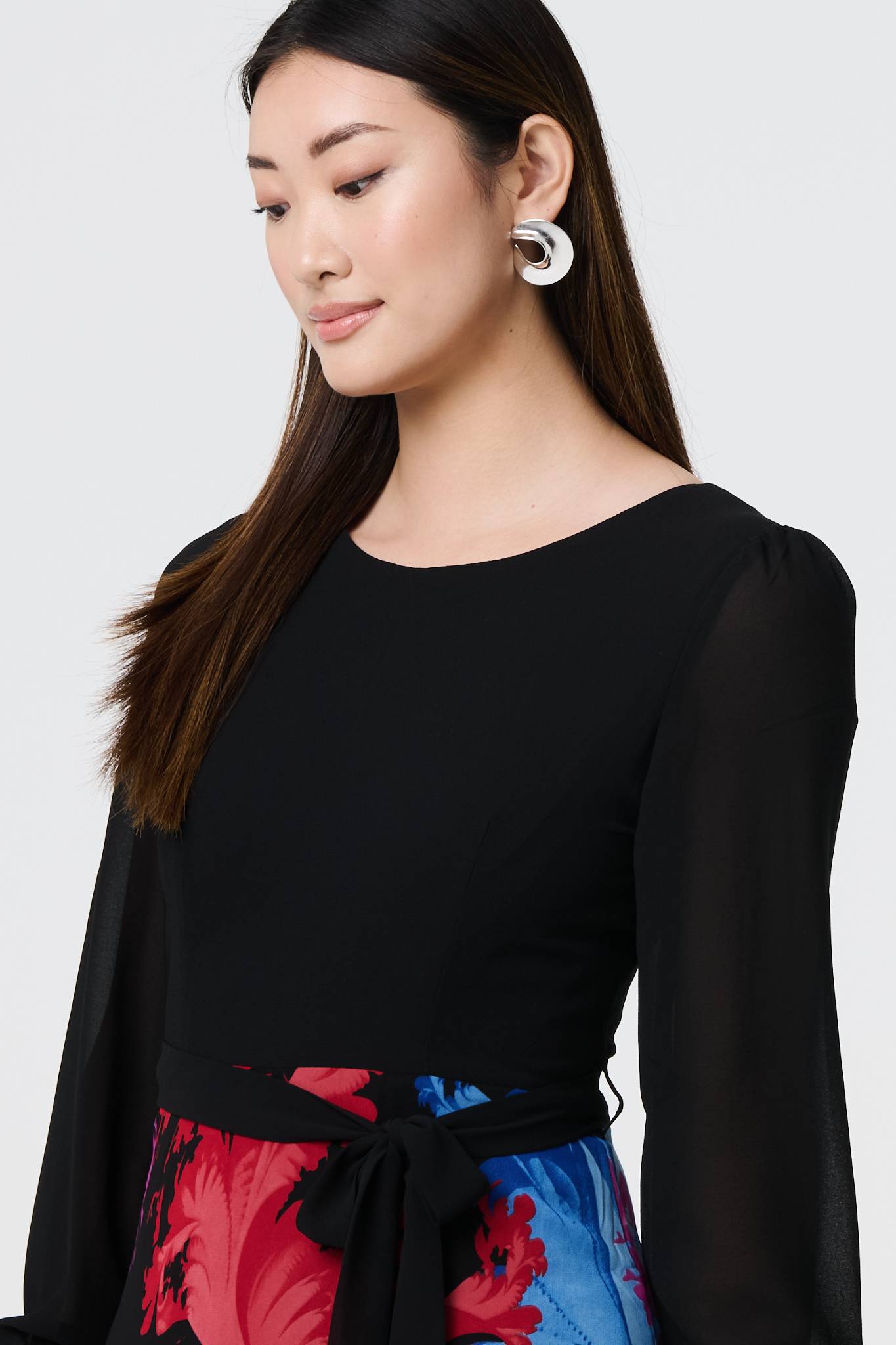 Floral Contrast Print Tie Waist Midi Dress Full Length View