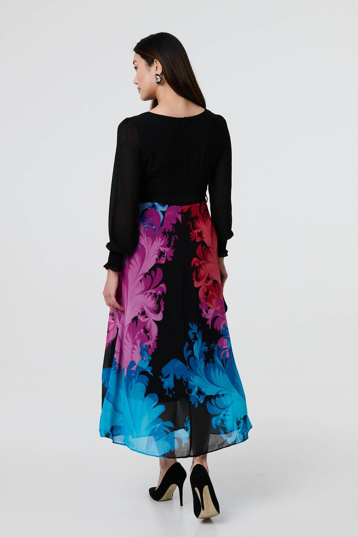 Floral Contrast Print Tie Waist Midi Dress Back View