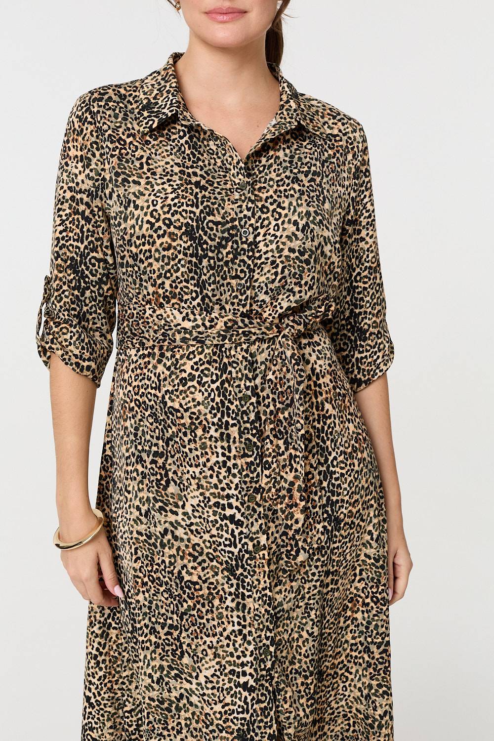 Animal Print Tie Waist Midi Shirt Dress Styled View