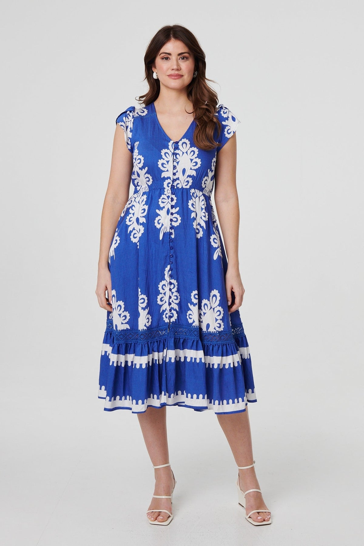 Ikat Print Cap Sleeve Lace Midi Dress Full Length View