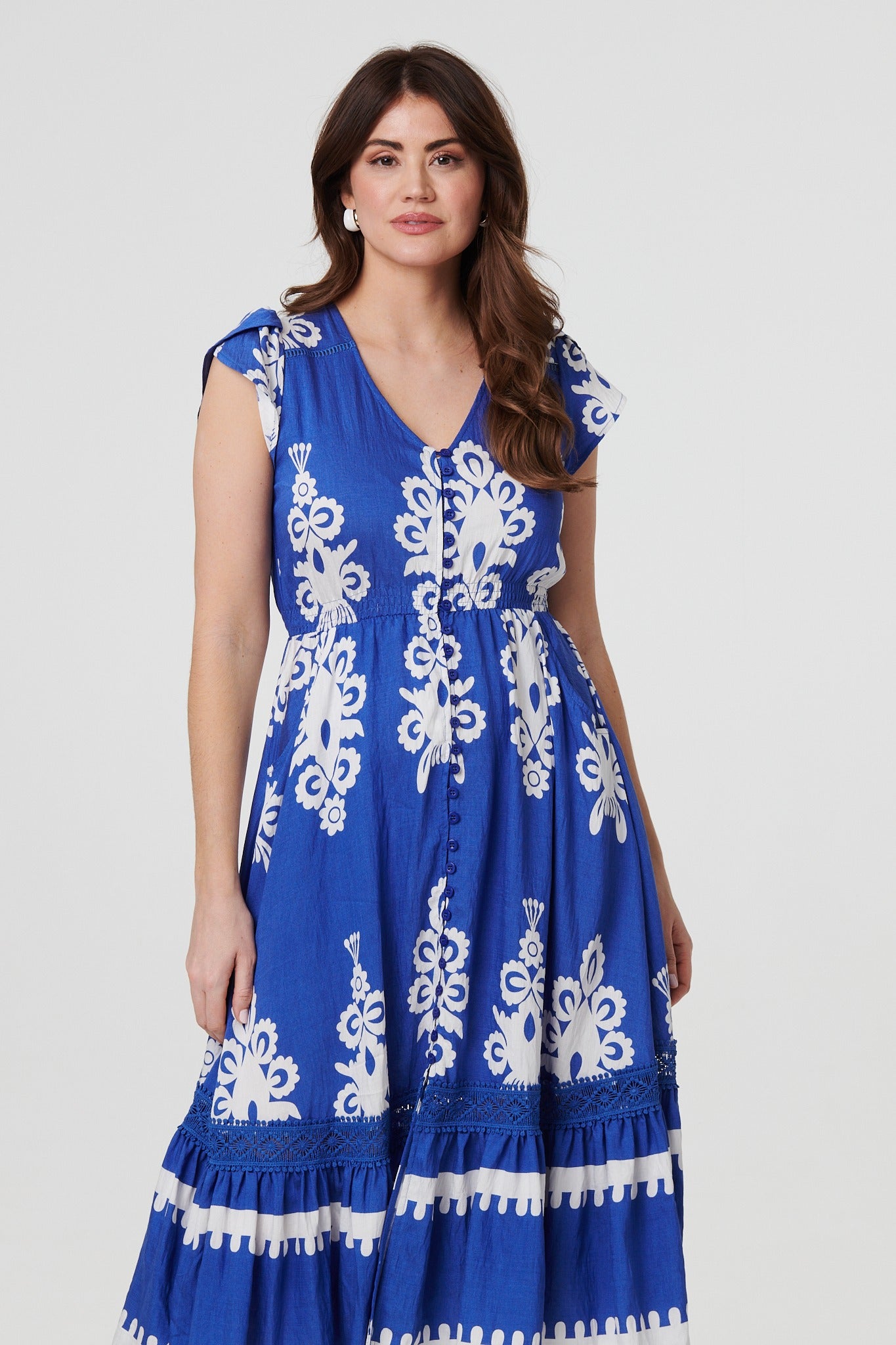 Ikat Print Cap Sleeve Lace Midi Dress Styled View