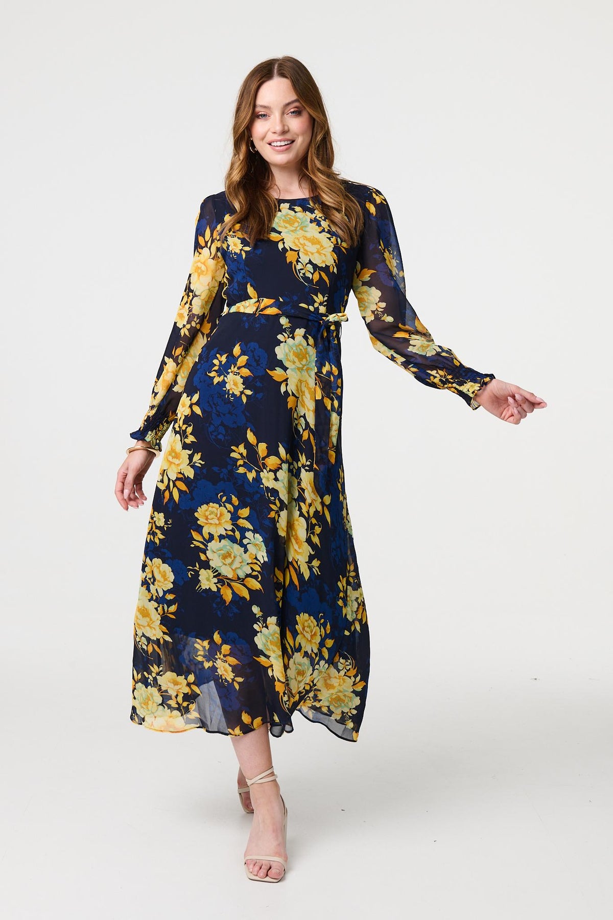 Floral Long Sleeve Chiffon Midi Dress Styled View