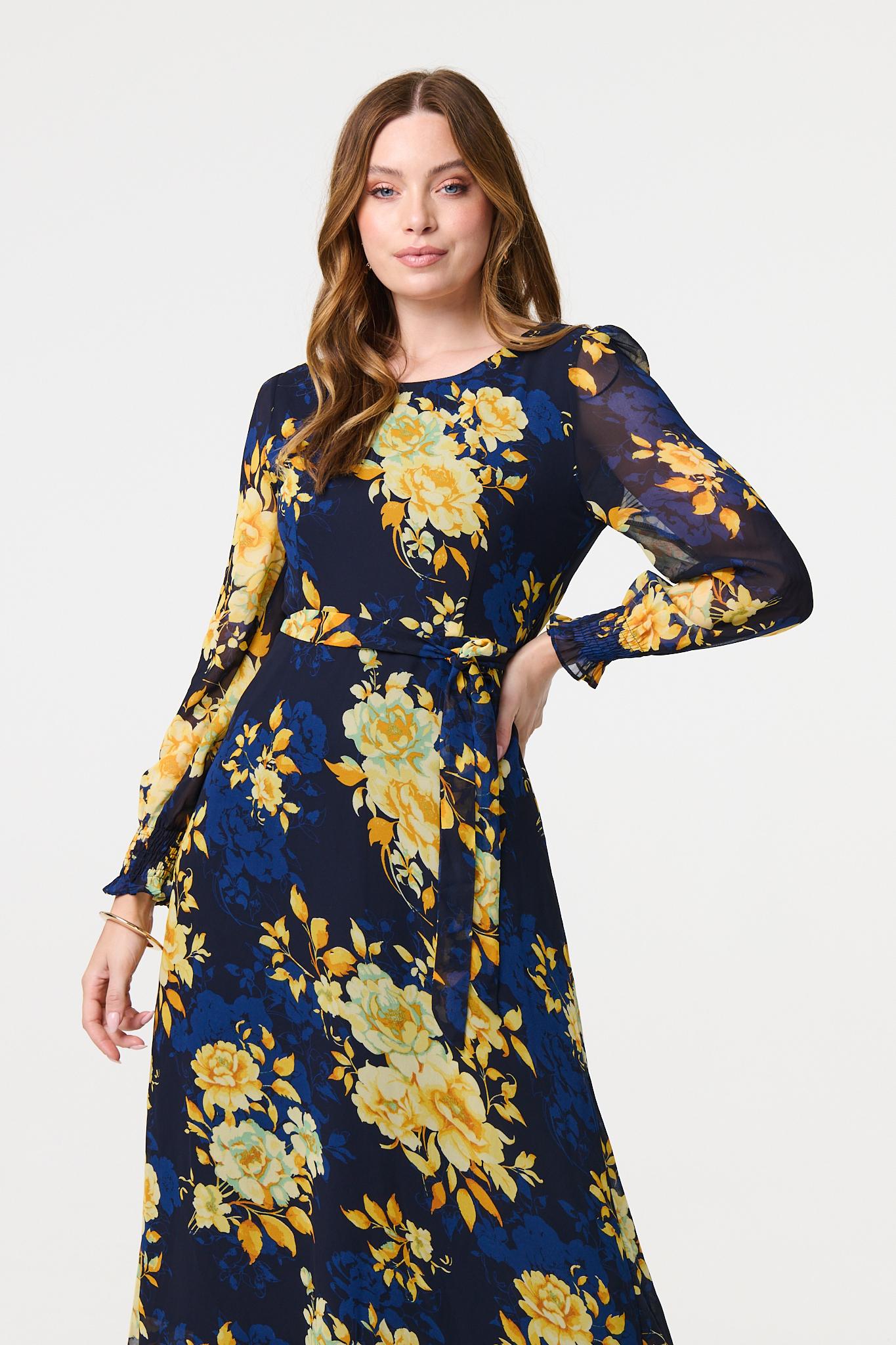 Floral Long Sleeve Chiffon Midi Dress Detail View