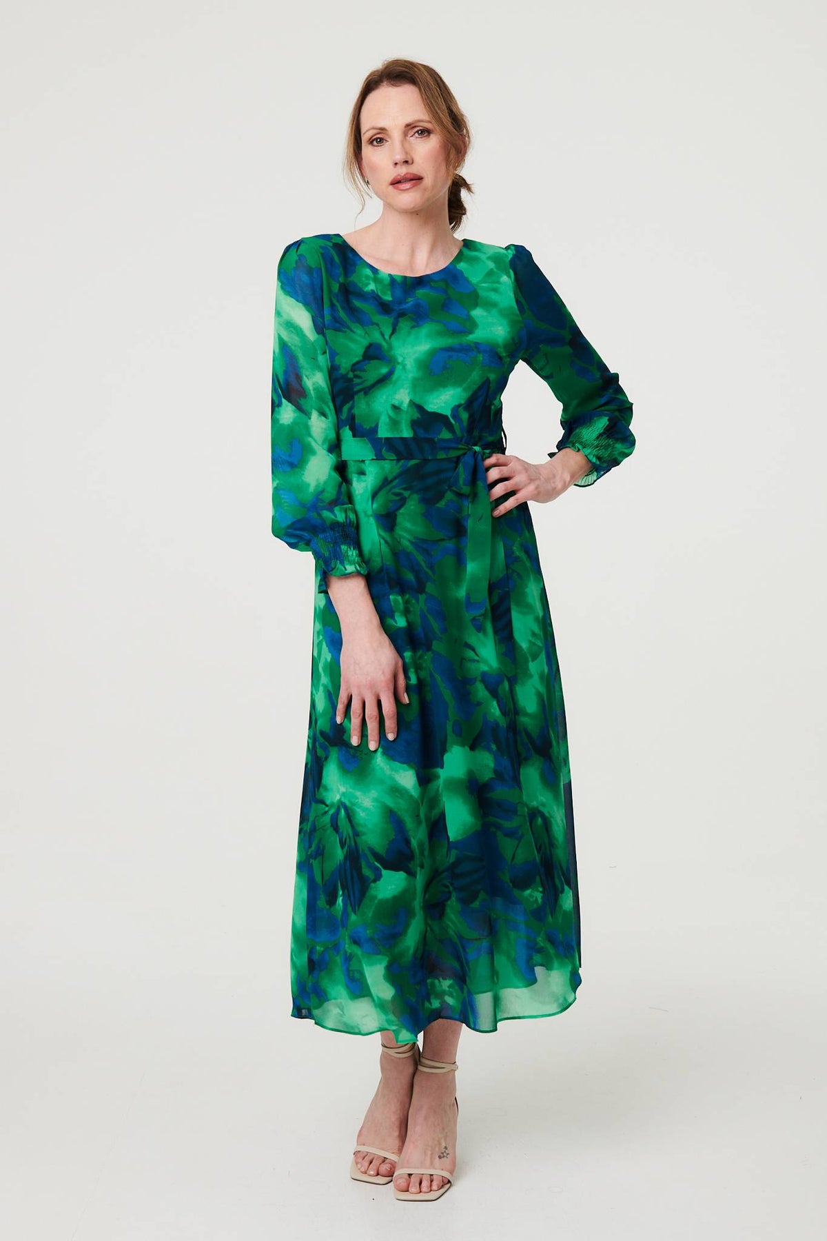 Printed Long Sleeve Chiffon Midi Dress Front View