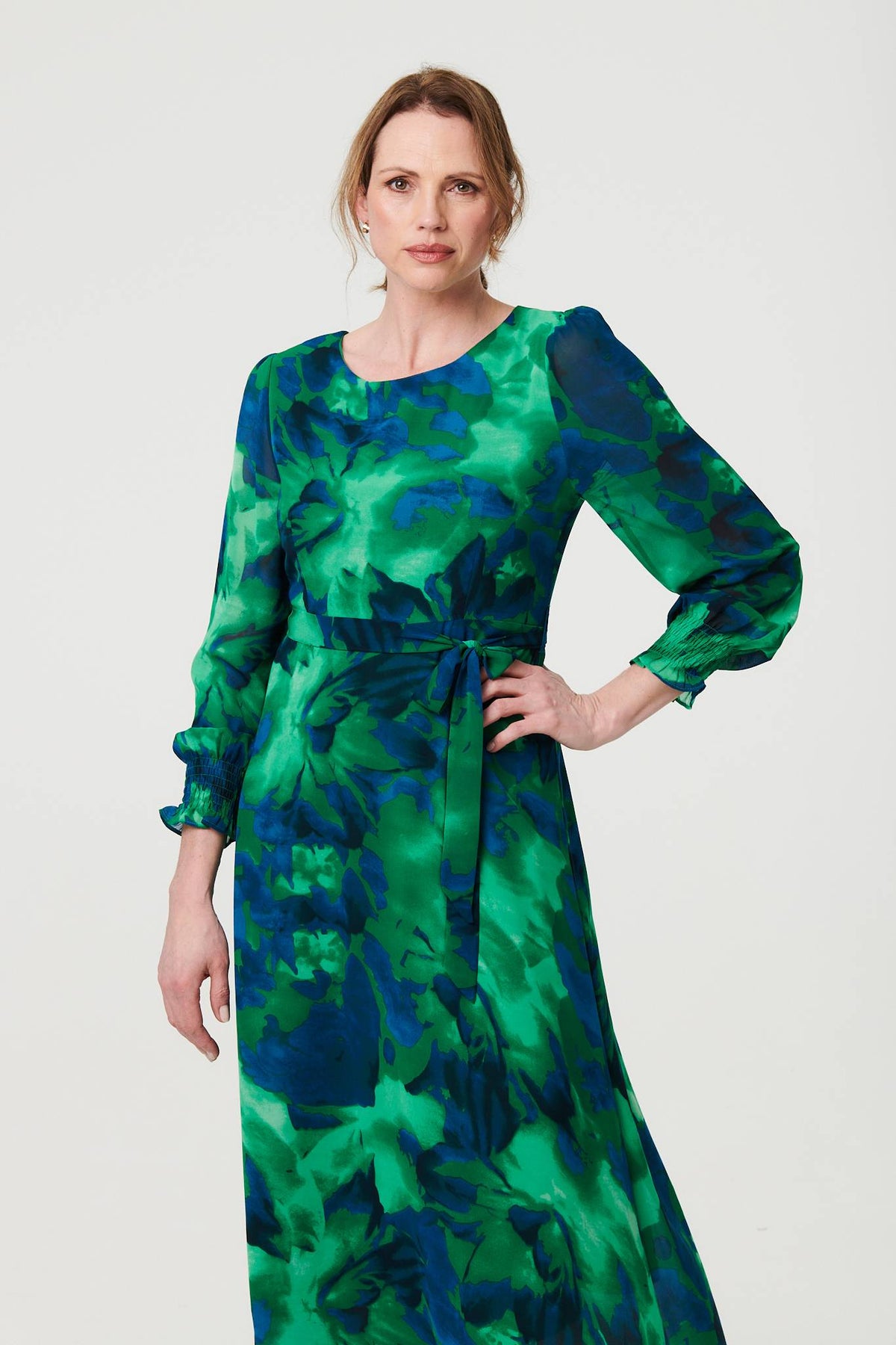 Printed Long Sleeve Chiffon Midi Dress Back View 2