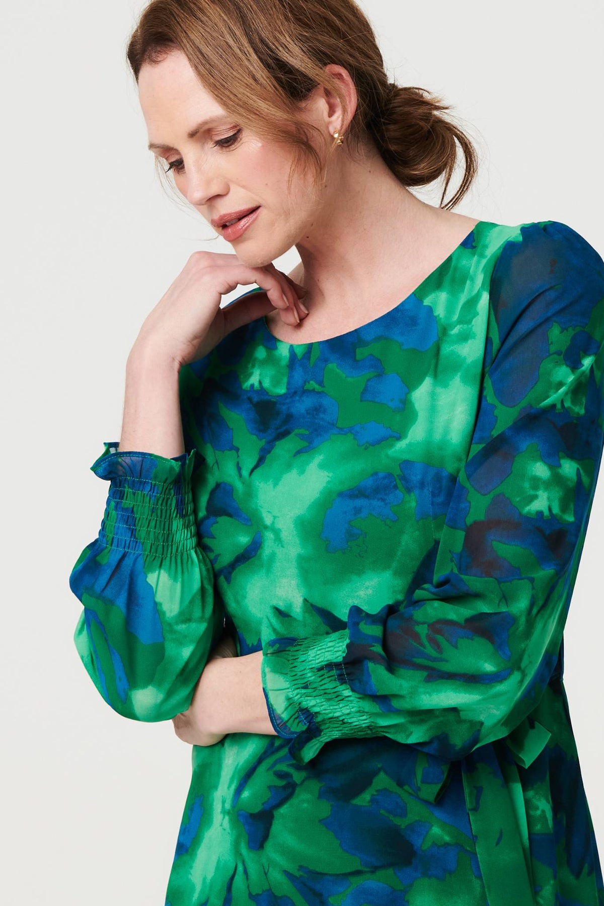 Printed Long Sleeve Chiffon Midi Dress Front View 2