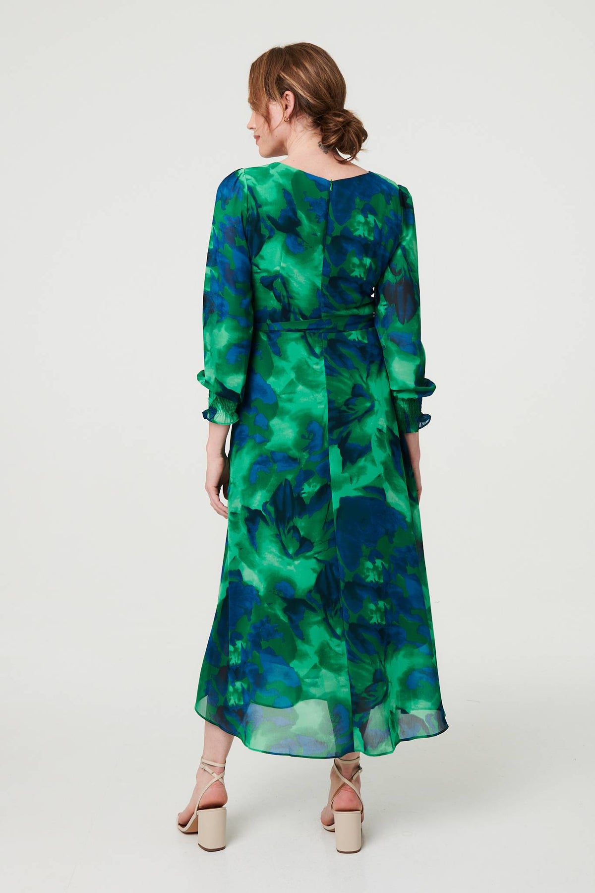 Printed Long Sleeve Chiffon Midi Dress Back View
