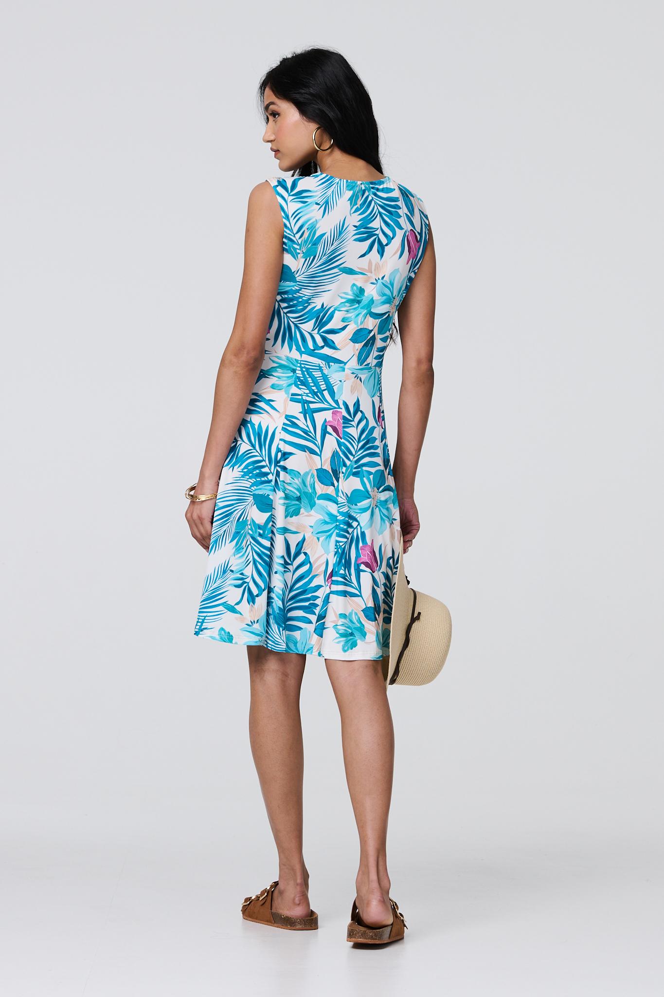 Tropical Print Sleeveless Knee Length Dress Styled View