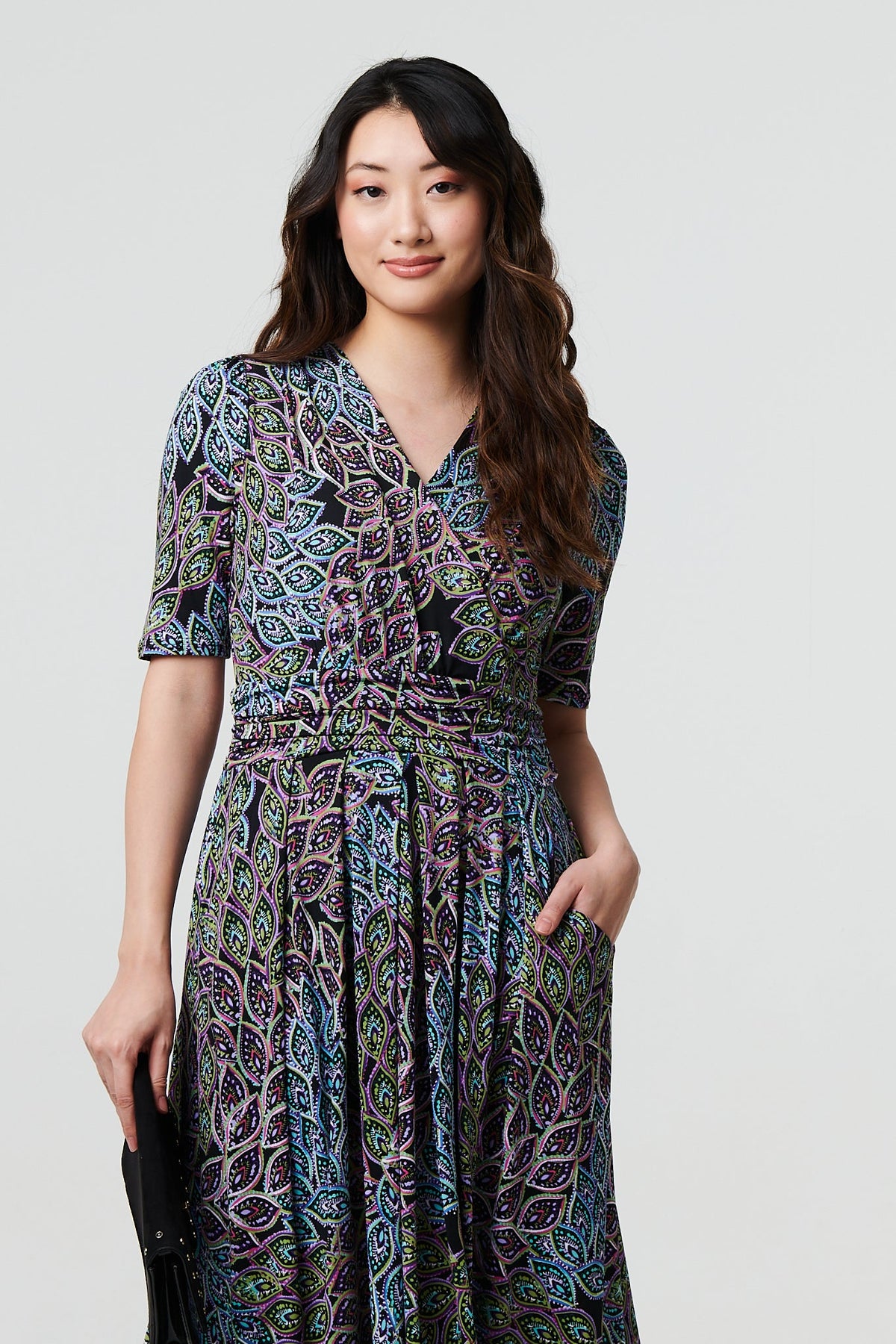 Leaf Print 1/2 Sleeve Faux Wrap Midi Dress Back View