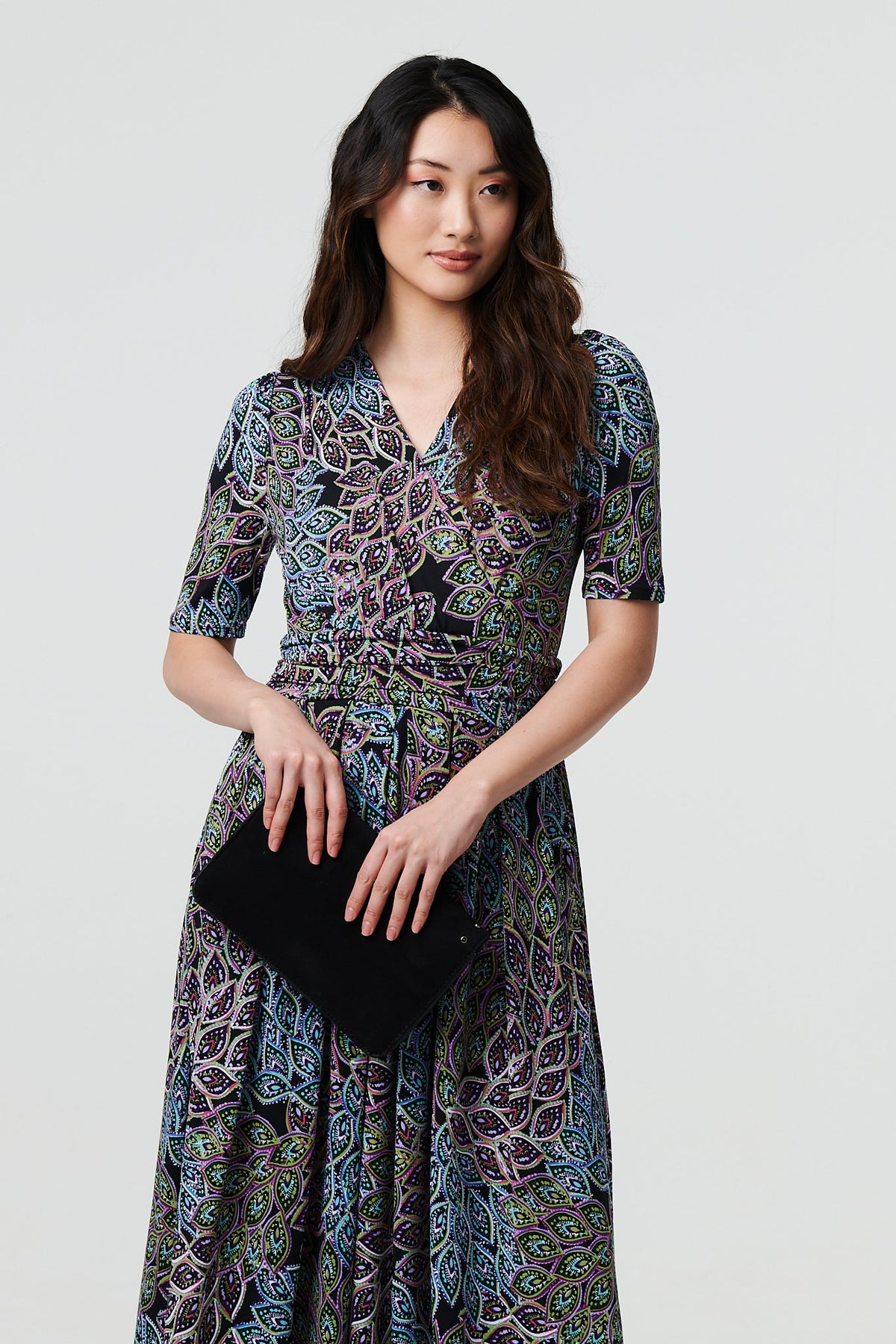 Leaf Print 1/2 Sleeve Faux Wrap Midi Dress Styled View
