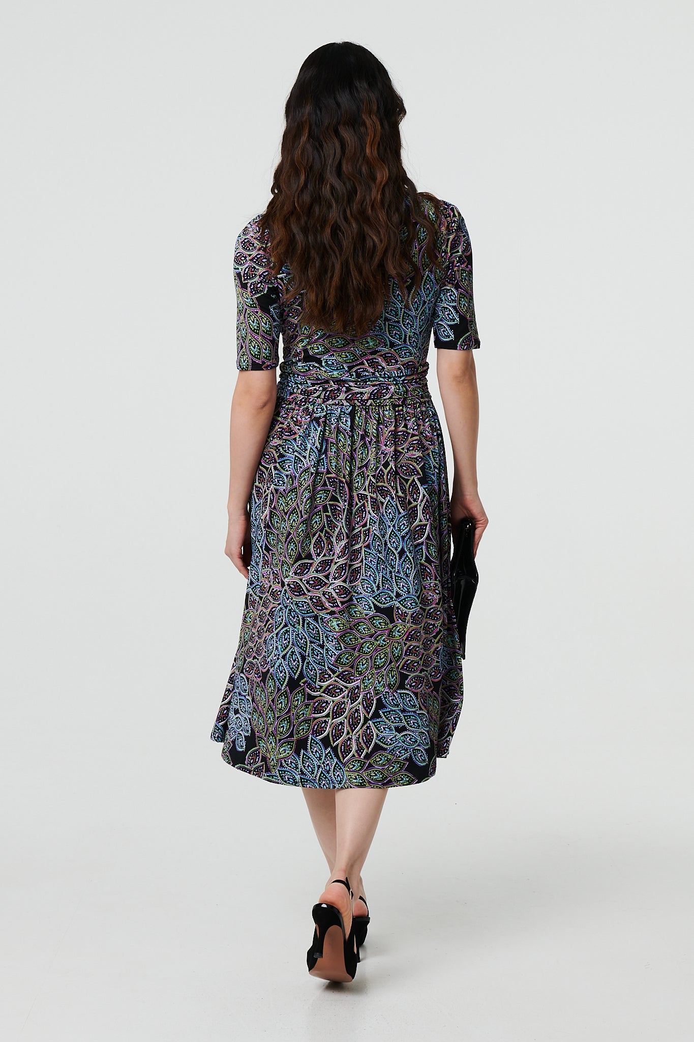 Leaf Print 1/2 Sleeve Faux Wrap Midi Dress Side View