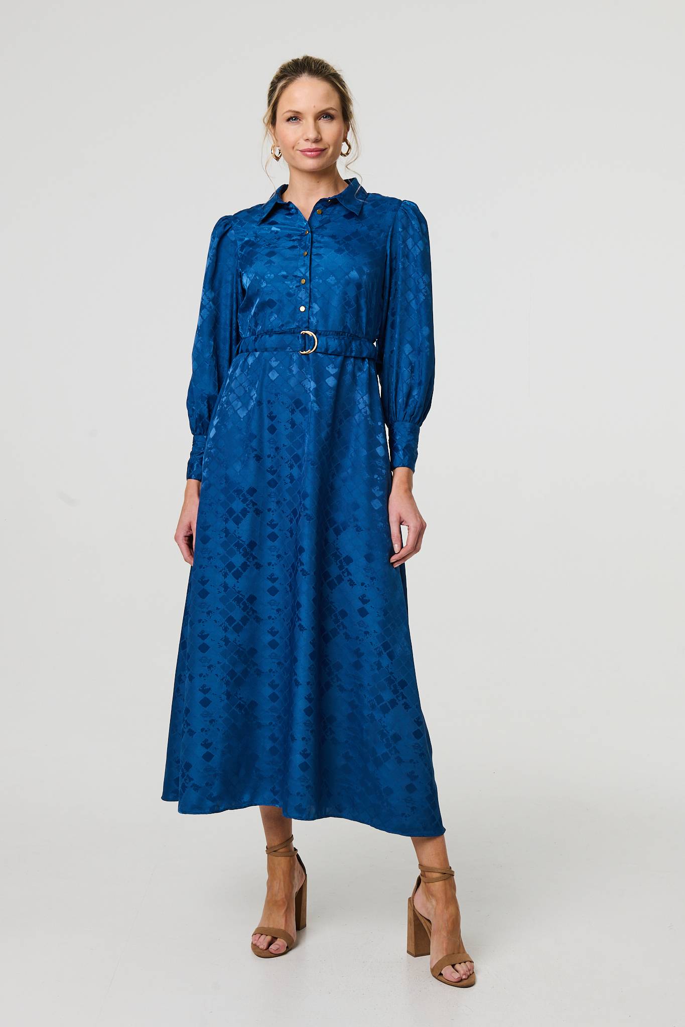 Metallic Puff Sleeve Maxi Shirt Dress Styled View