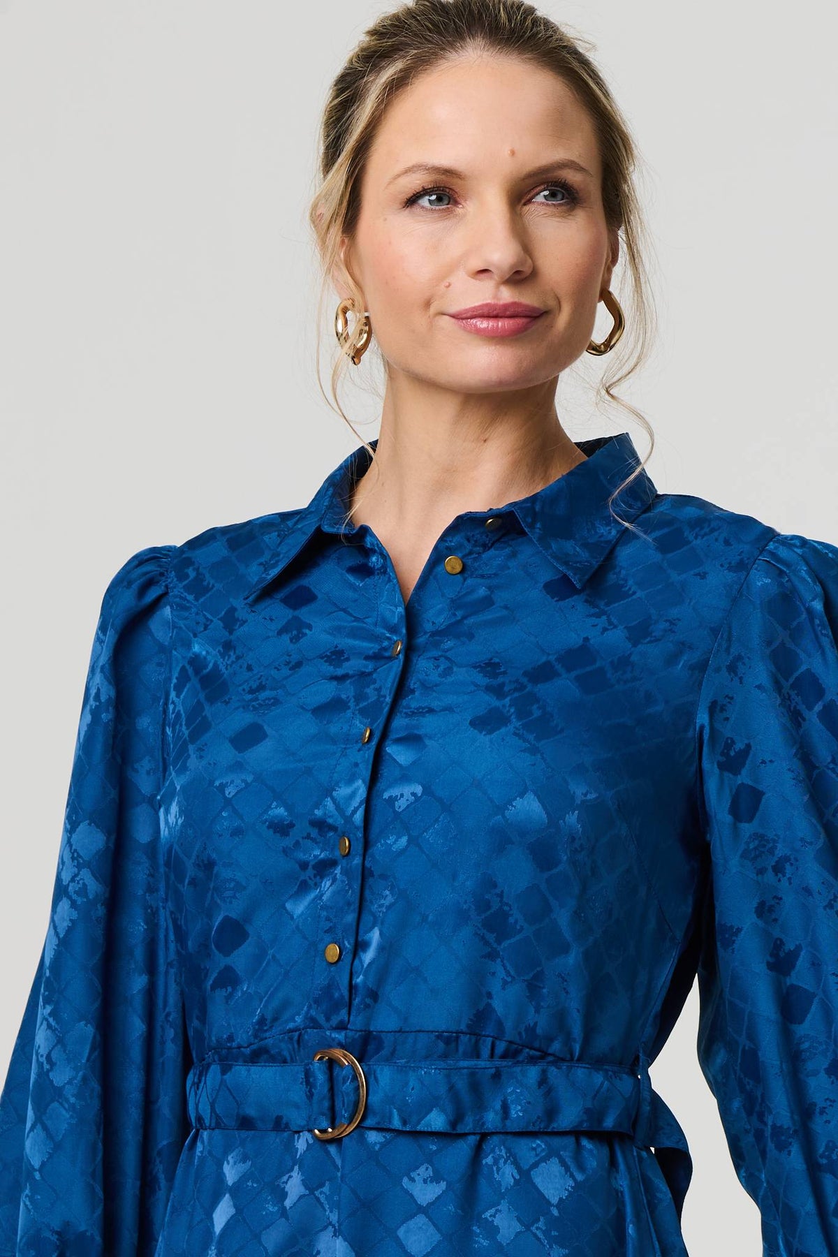 Metallic Puff Sleeve Maxi Shirt Dress Detail View