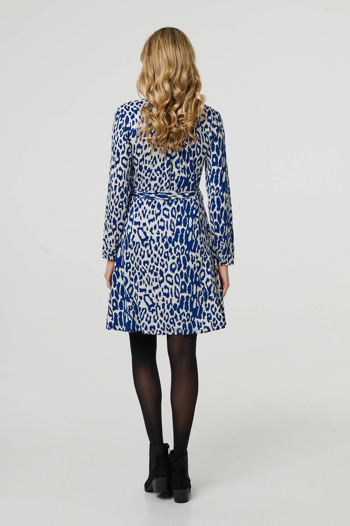 Animal Print Long Sleeve Short Shirt Dress Side View
