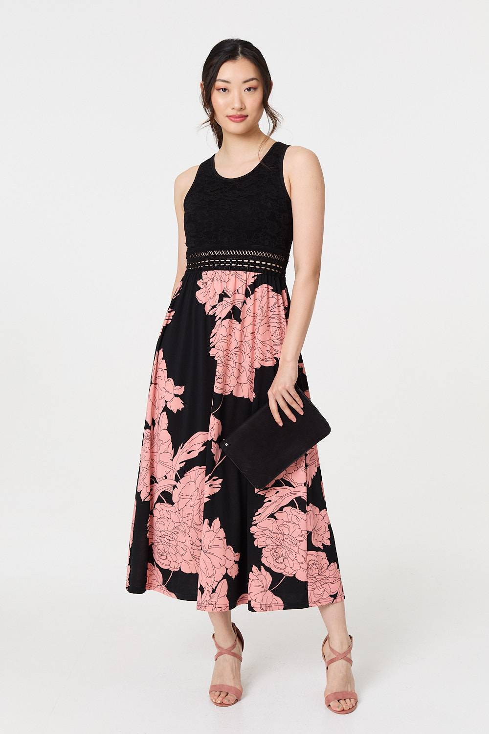 Floral Lace Trim Sleeveless Maxi Dress Back View