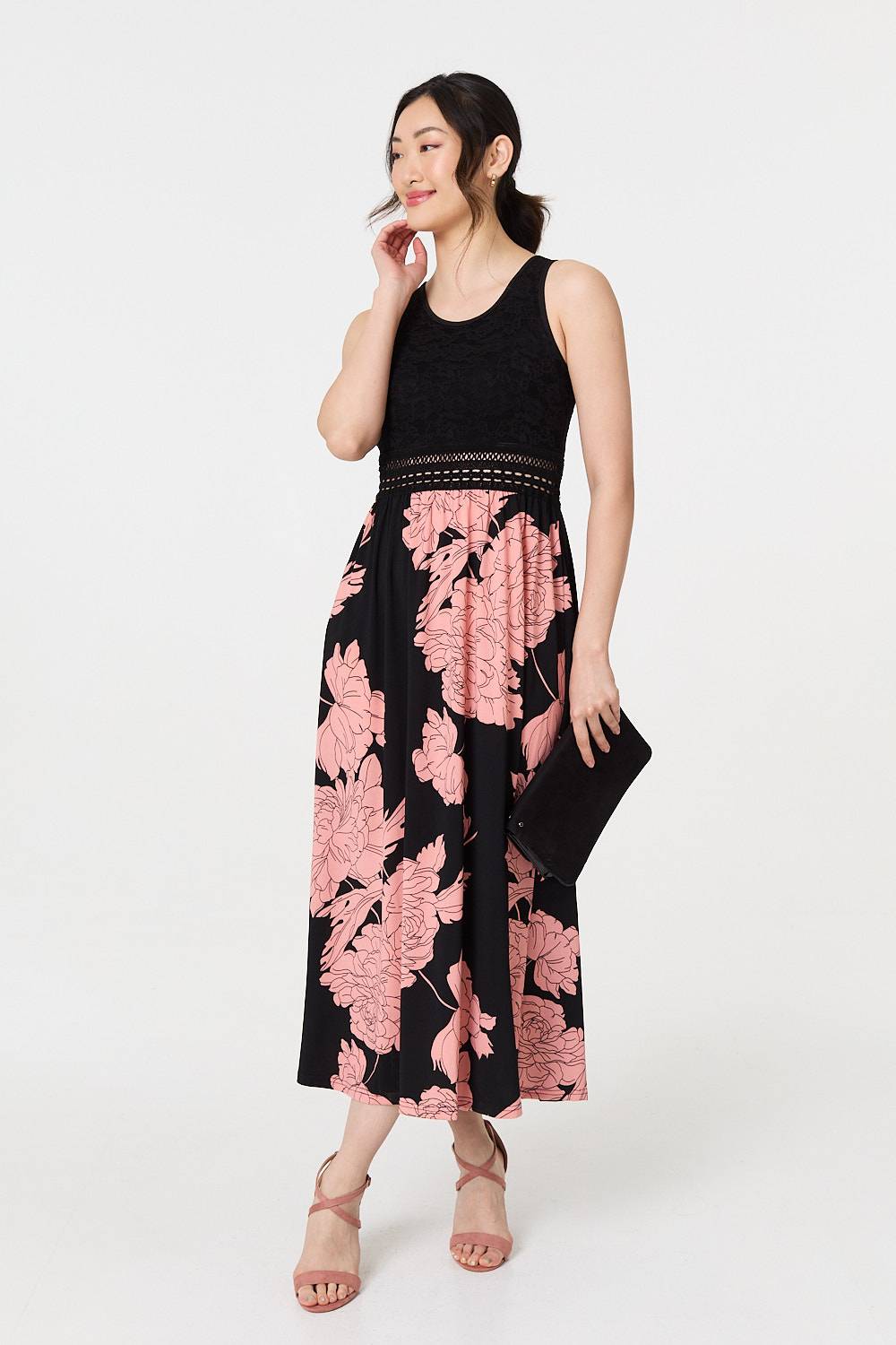 Floral Lace Trim Sleeveless Maxi Dress Back View 2