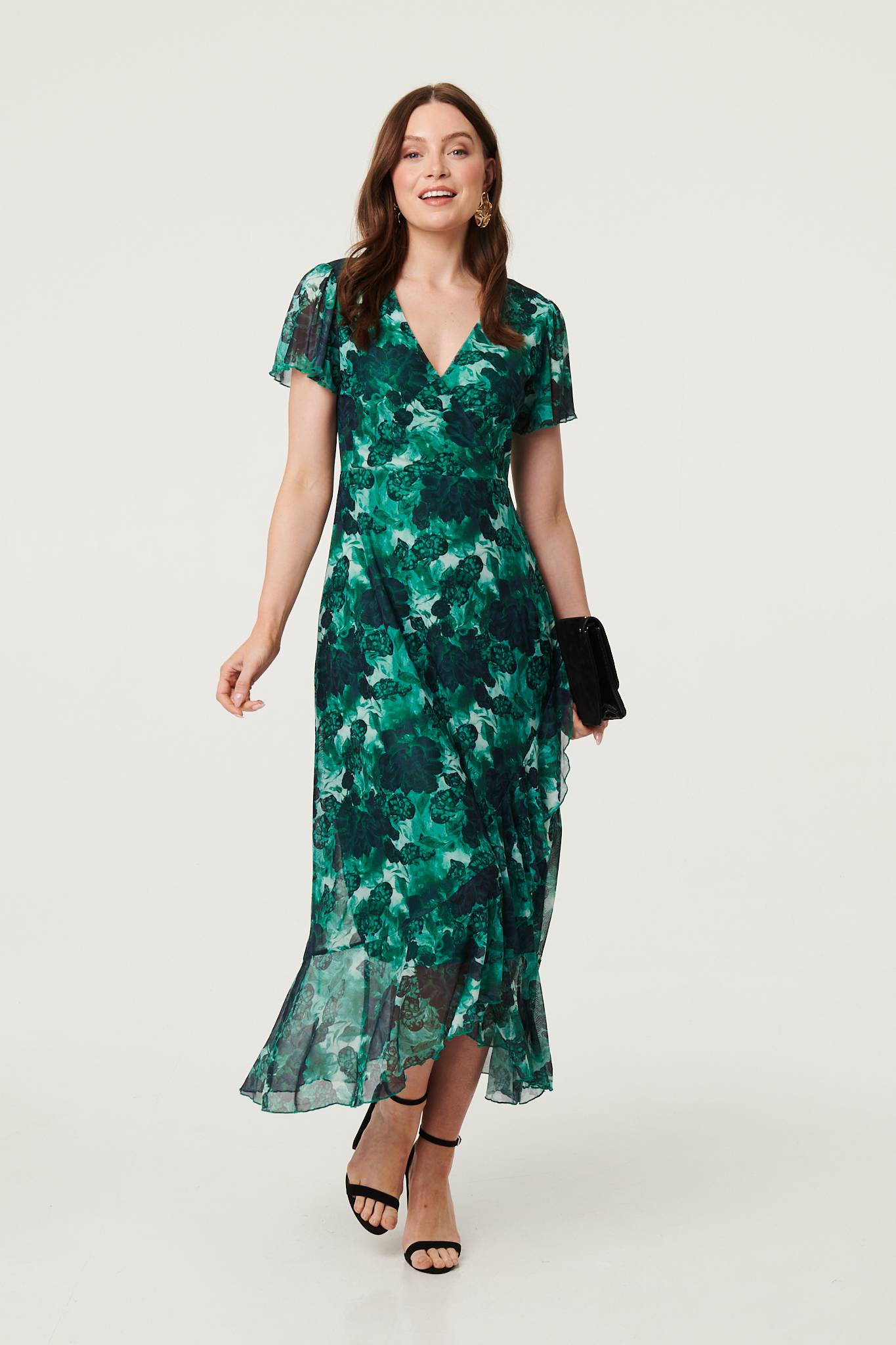 Floral Semi Sheer Frilled Hem Maxi Dress Side View