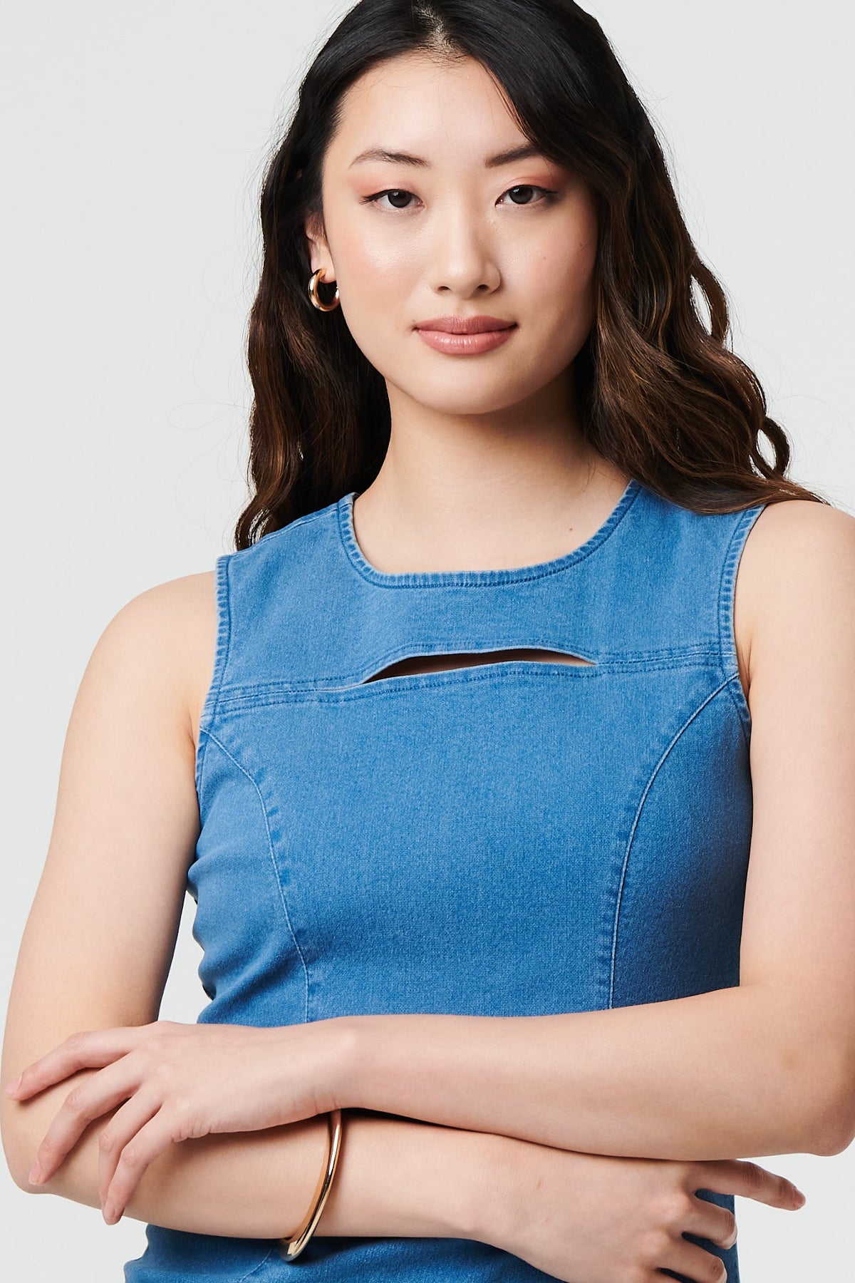 Cut-Out Detail Sleeveless Denim Mini Dress Full Length View