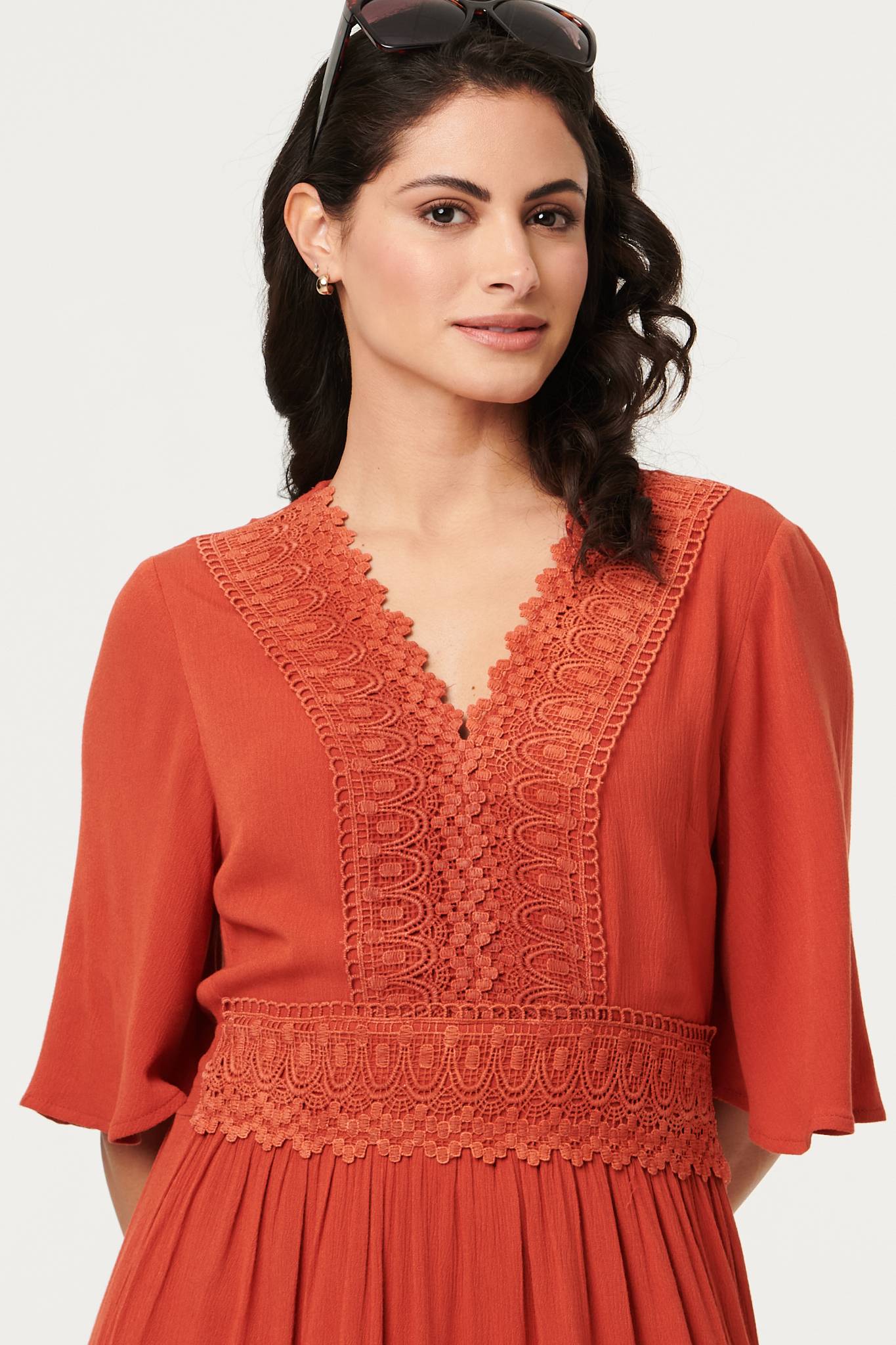 Lace Trim Tiered 1/2 Sleeve Maxi Dress Full Length View