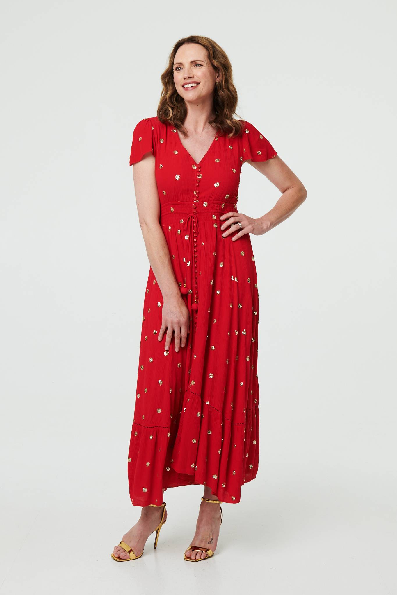 Sparkly Cap Sleeve Tassel Tie Maxi Dress Front View 2