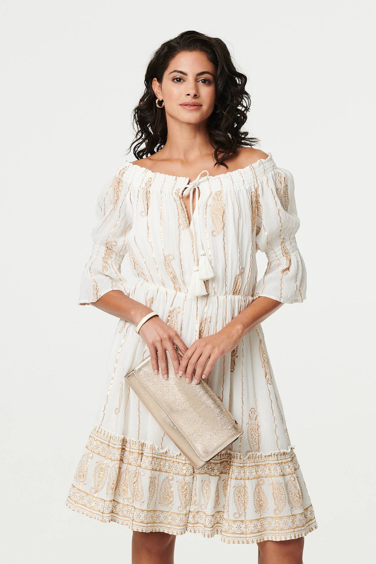 Ikat Print Knee Length Bardot Dress Side View