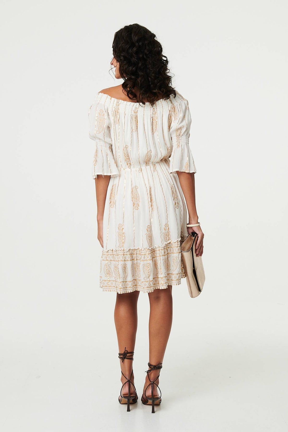 Ikat Print Knee Length Bardot Dress Styled View
