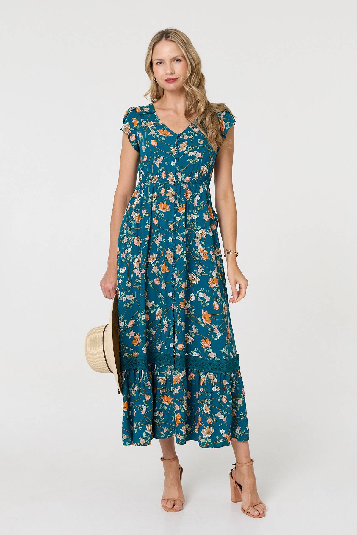 Floral Cap Sleeve Lace Trim Maxi Dress Front View 2