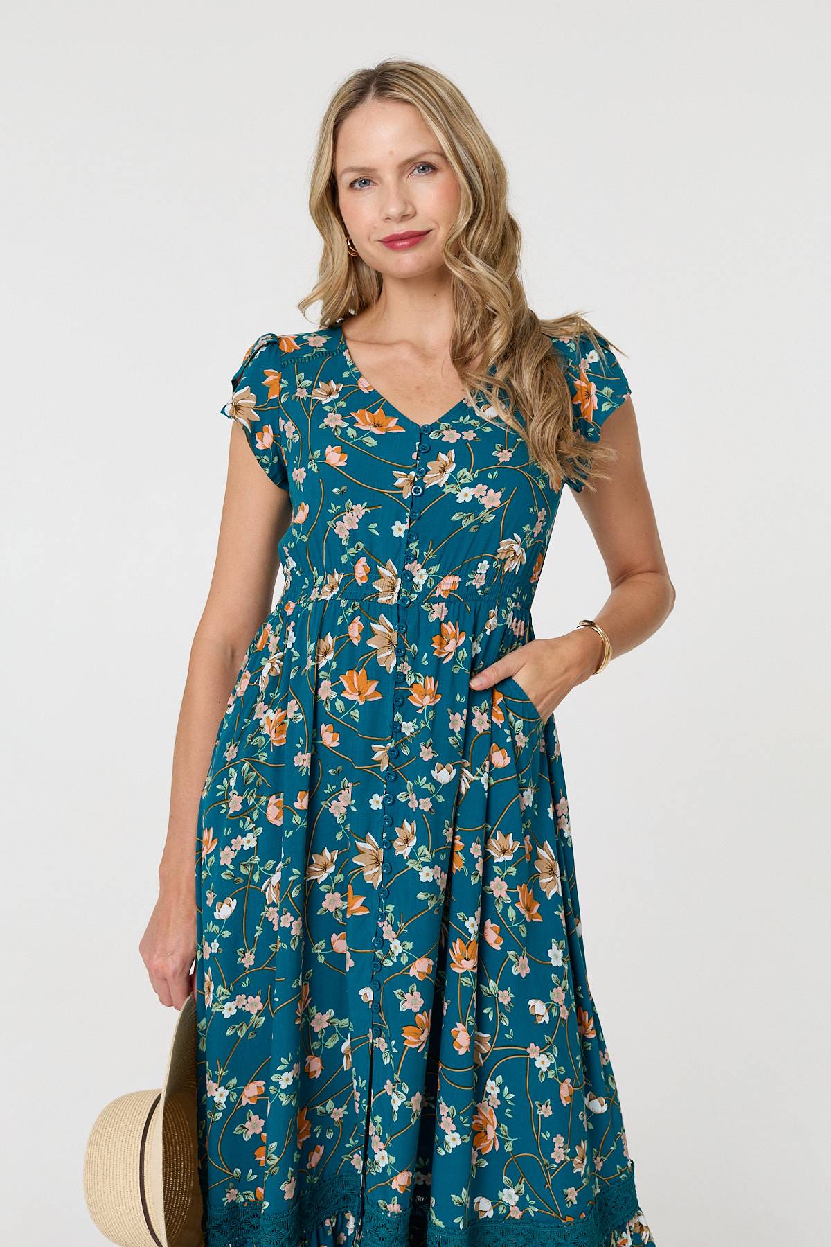 Floral Cap Sleeve Lace Trim Maxi Dress Back View