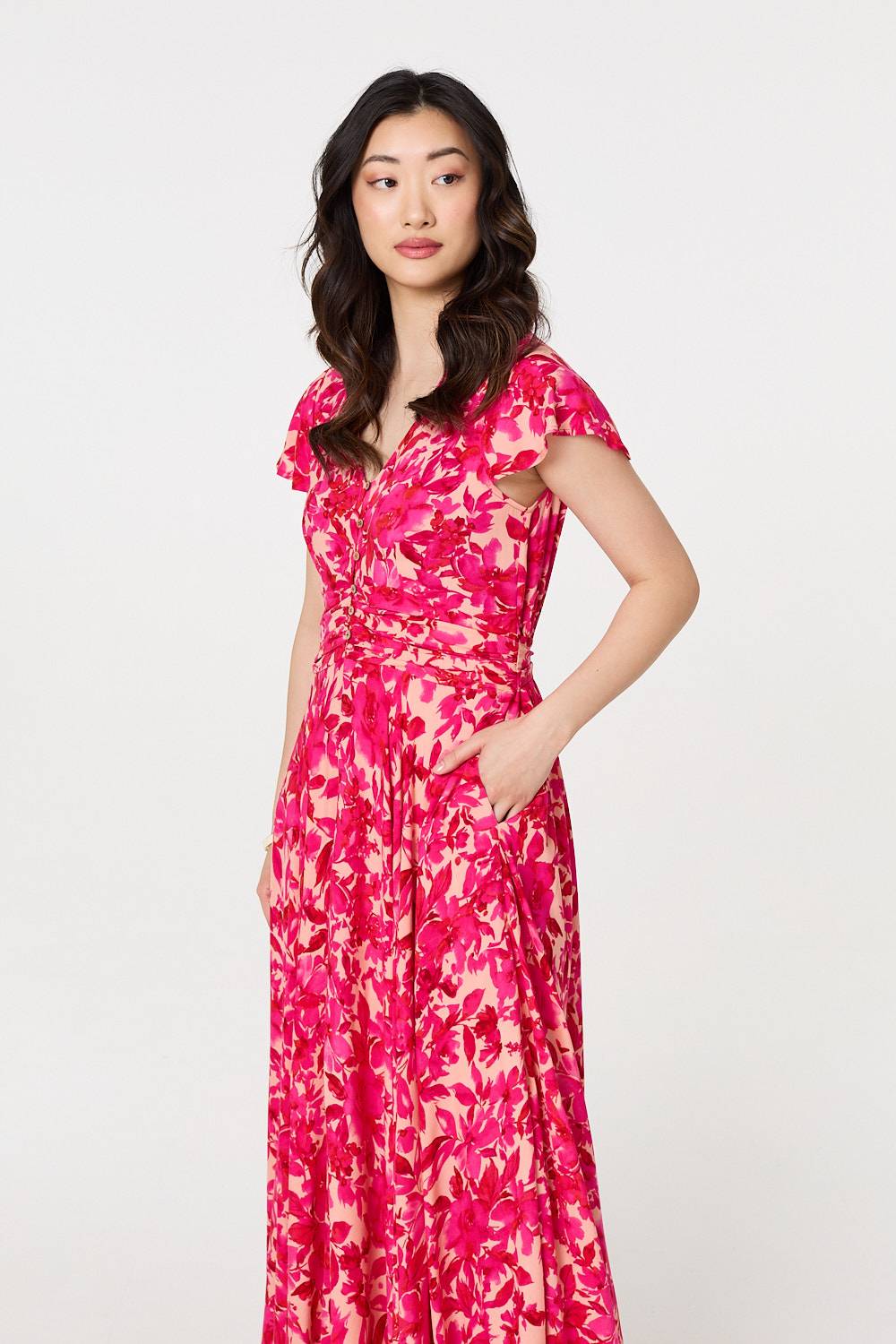 Floral Cap Sleeve Ruched Maxi Dress Styled View