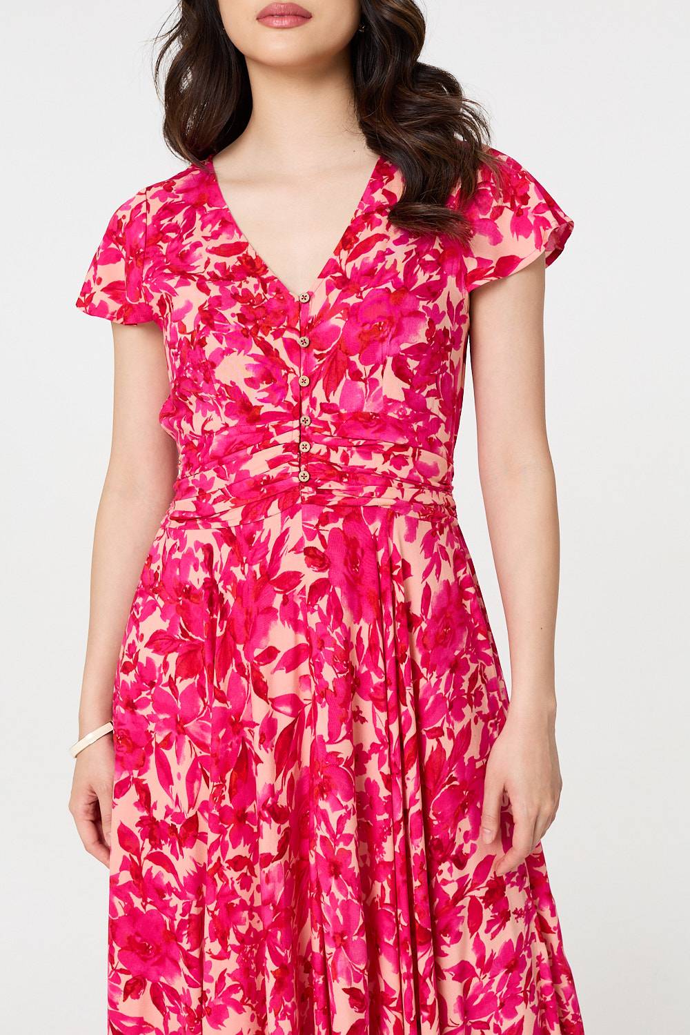 Floral Cap Sleeve Ruched Maxi Dress Detail View