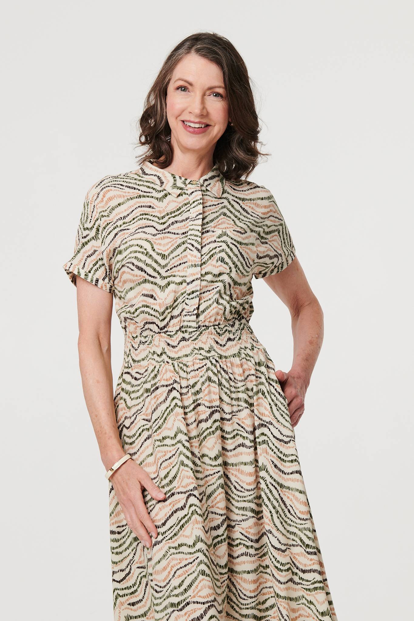 Printed Short Sleeve Shirred Midi Dress Full Length View