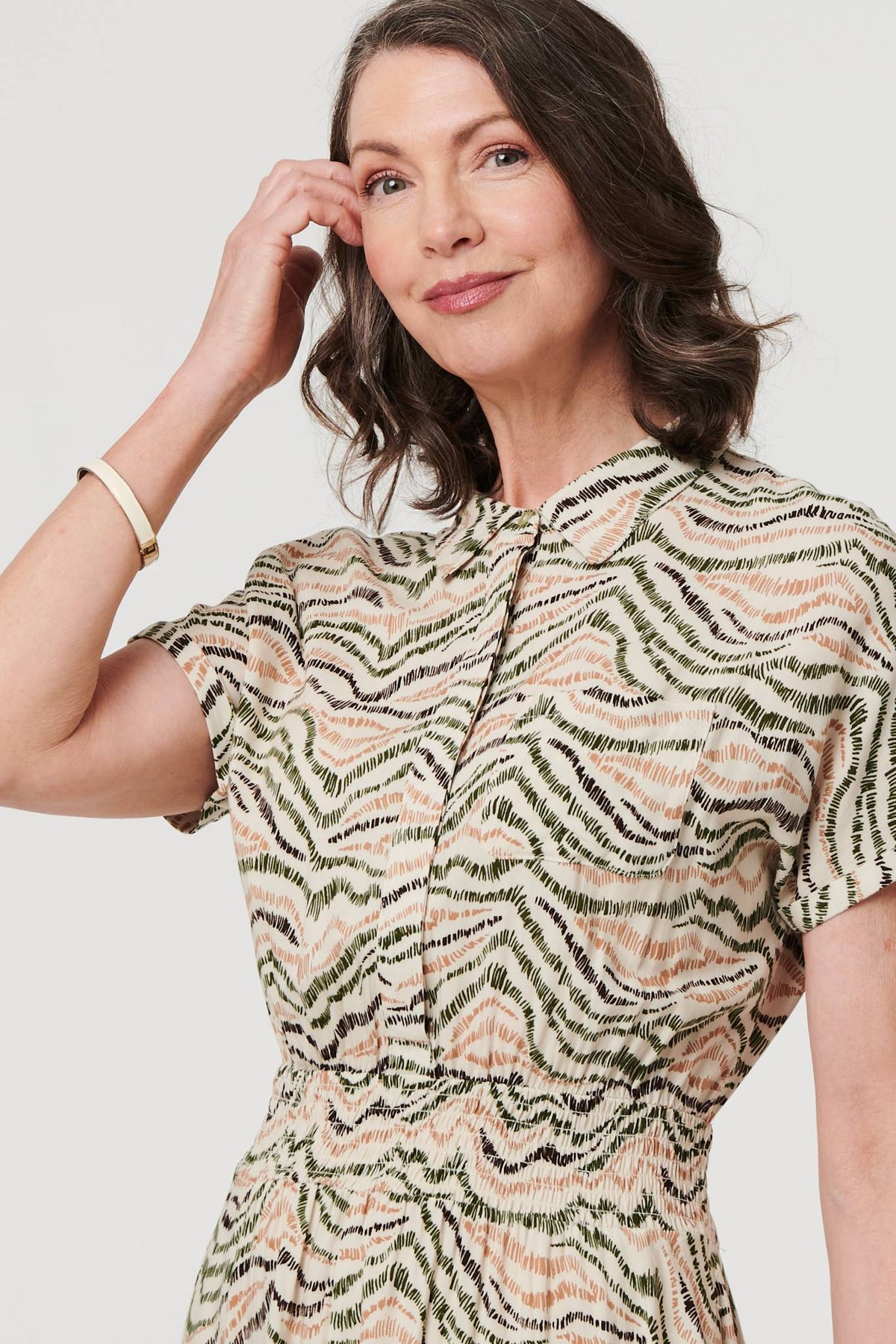 Printed Short Sleeve Shirred Midi Dress Styled View