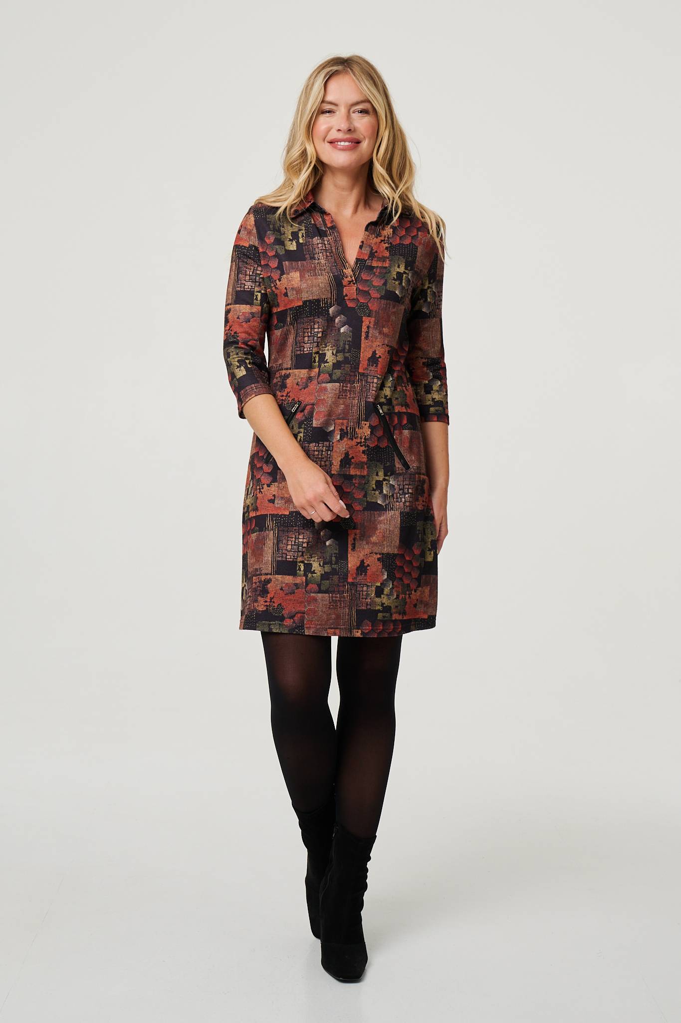 Printed 3/4 Sleeve Collared Short Dress Front View