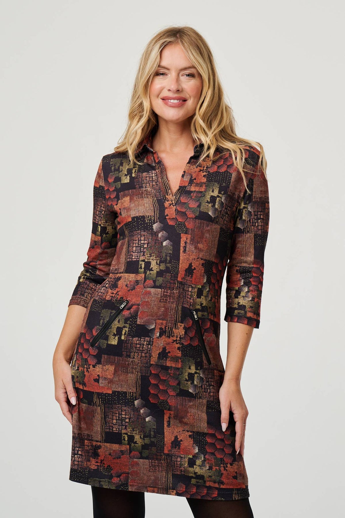 Printed 3/4 Sleeve Collared Short Dress Front View 2