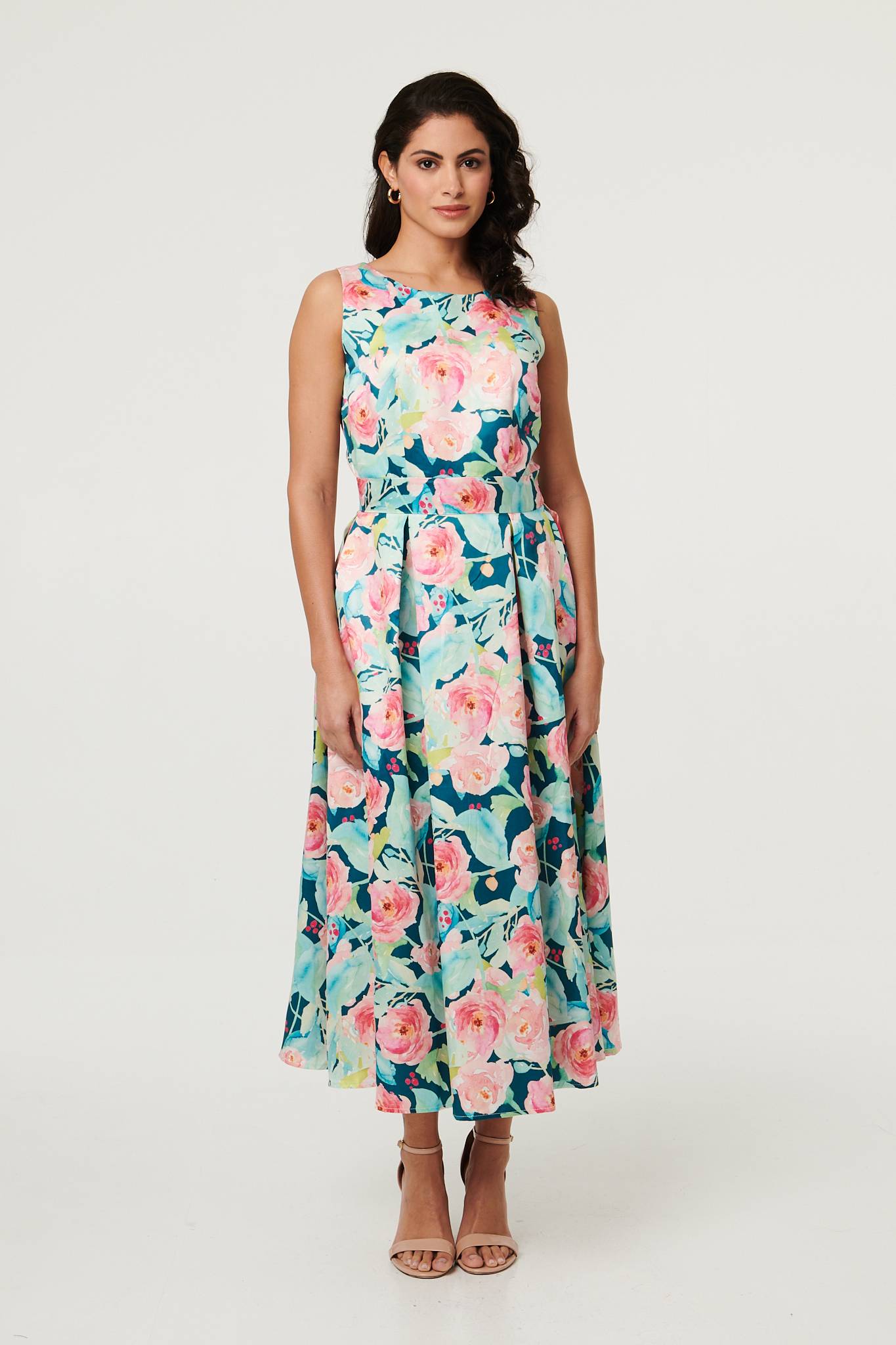 Floral Sleeveless Pleat Front Midi Dress Detail View