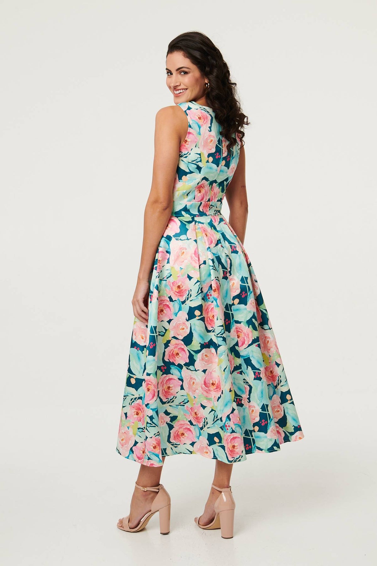 Floral Sleeveless Pleat Front Midi Dress Side View