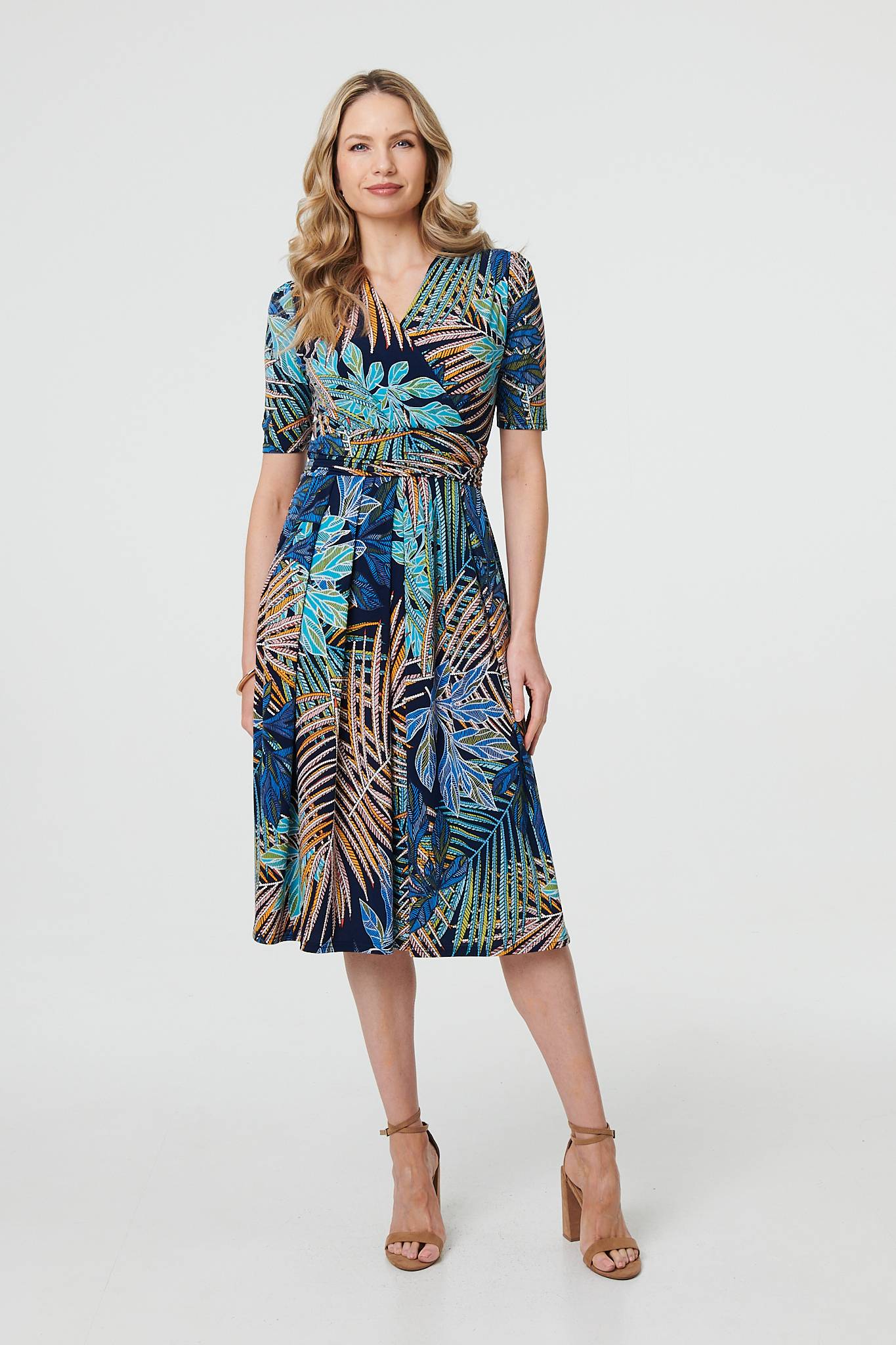 Leaf Print Wrap Front Pleat Midi Dress Full Length View