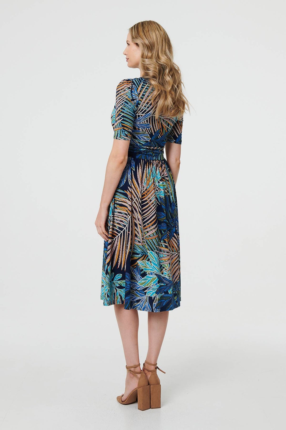Leaf Print Wrap Front Pleat Midi Dress Side View